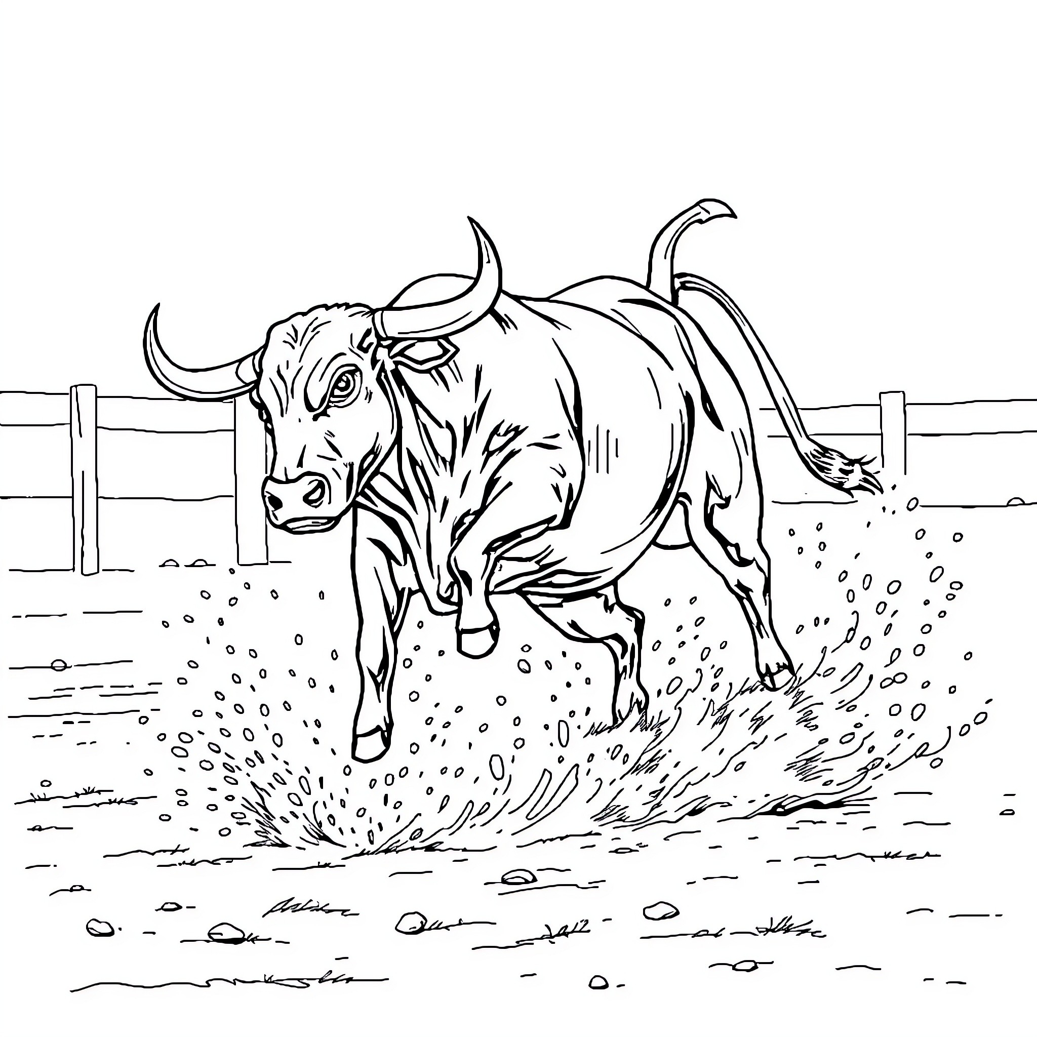 Bull charging through the field Coloring Page (free black-and-white line drawing printable PDF for all, from beginners to advanced learners, including children, teens, adults, and seniors)