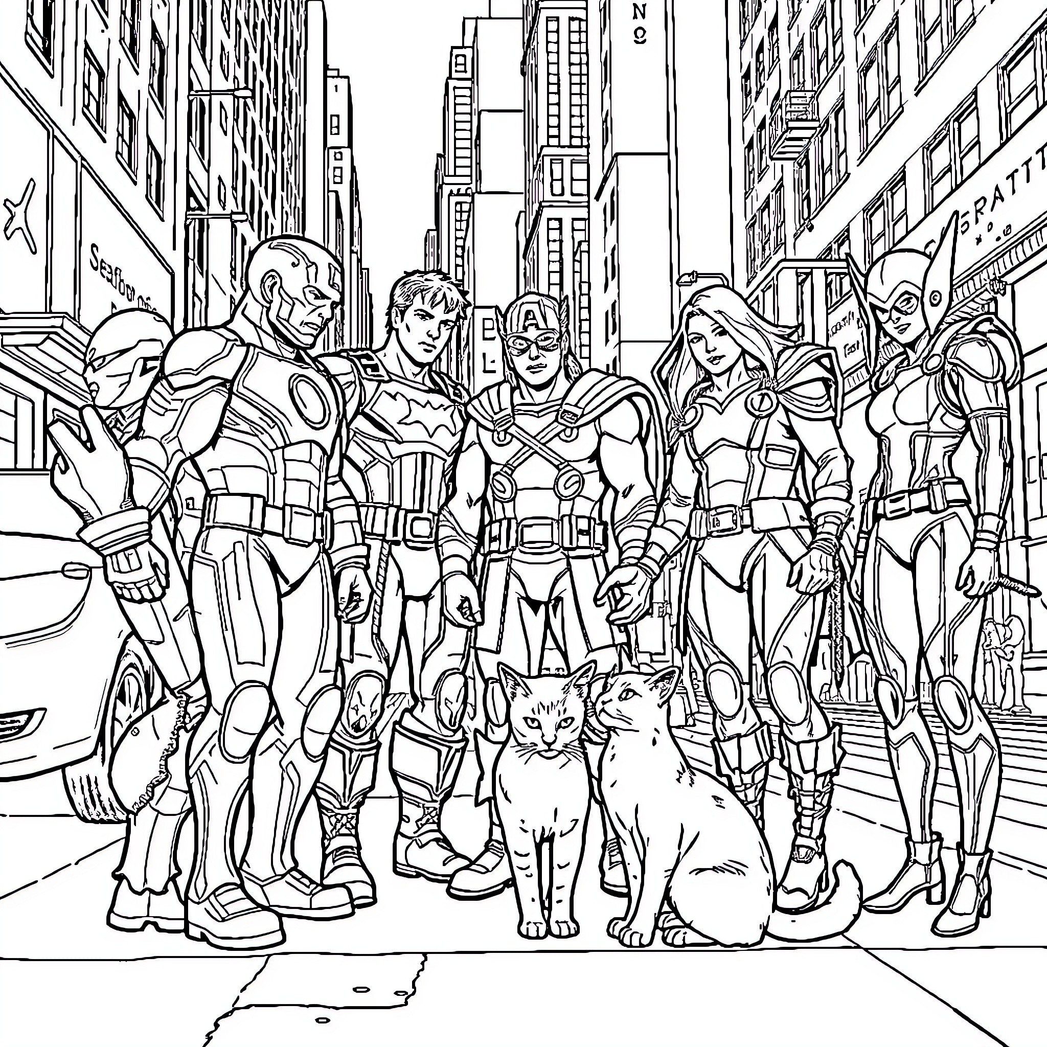 Cat and superhero team in the city Coloring Page (free black-and-white line drawing printable PDF for all, from beginners to advanced learners, including children, teens, adults, and seniors)