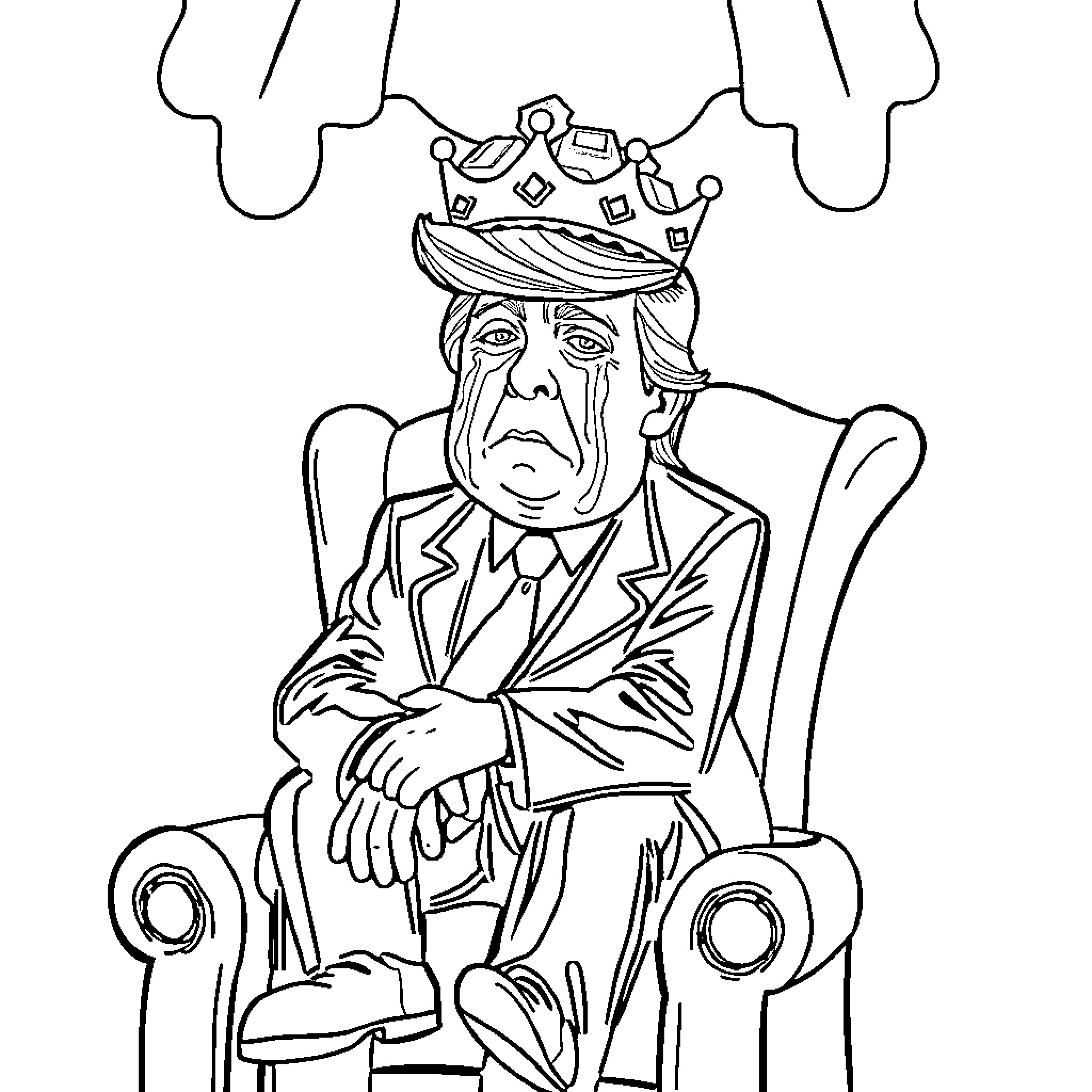Donald Trump depicted as an authoritative leader with a crown Coloring Page (free black-and-white line drawing printable PDF for all, from beginners to advanced learners, including children, teens, adults, and seniors)