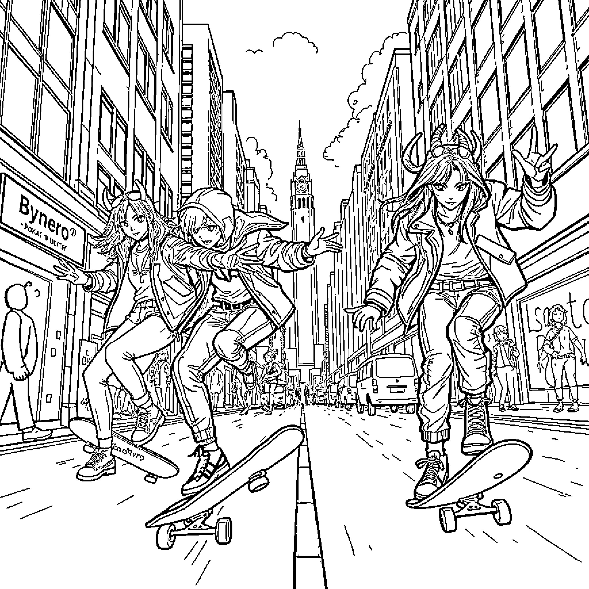 Demon Hunter Skaters Rip Through the City Streets Coloring Page (free black-and-white line drawing printable PDF for all, from beginners to advanced learners, including children, teens, adults, and seniors)