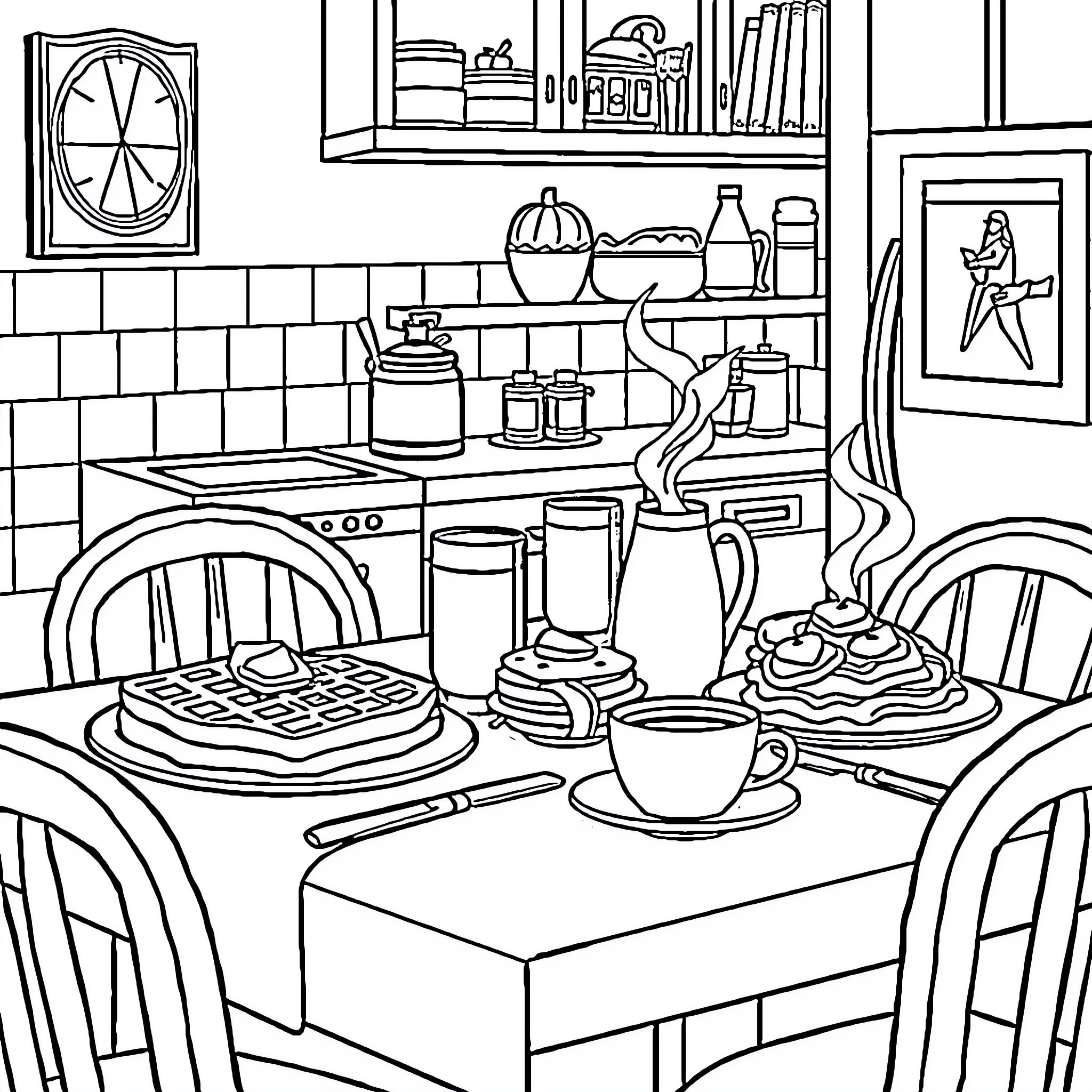 Breakfast in a Cozy Kitchen Coloring Page (free black-and-white line drawing printable PDF for all, from beginners to advanced learners, including children, teens, adults, and seniors)