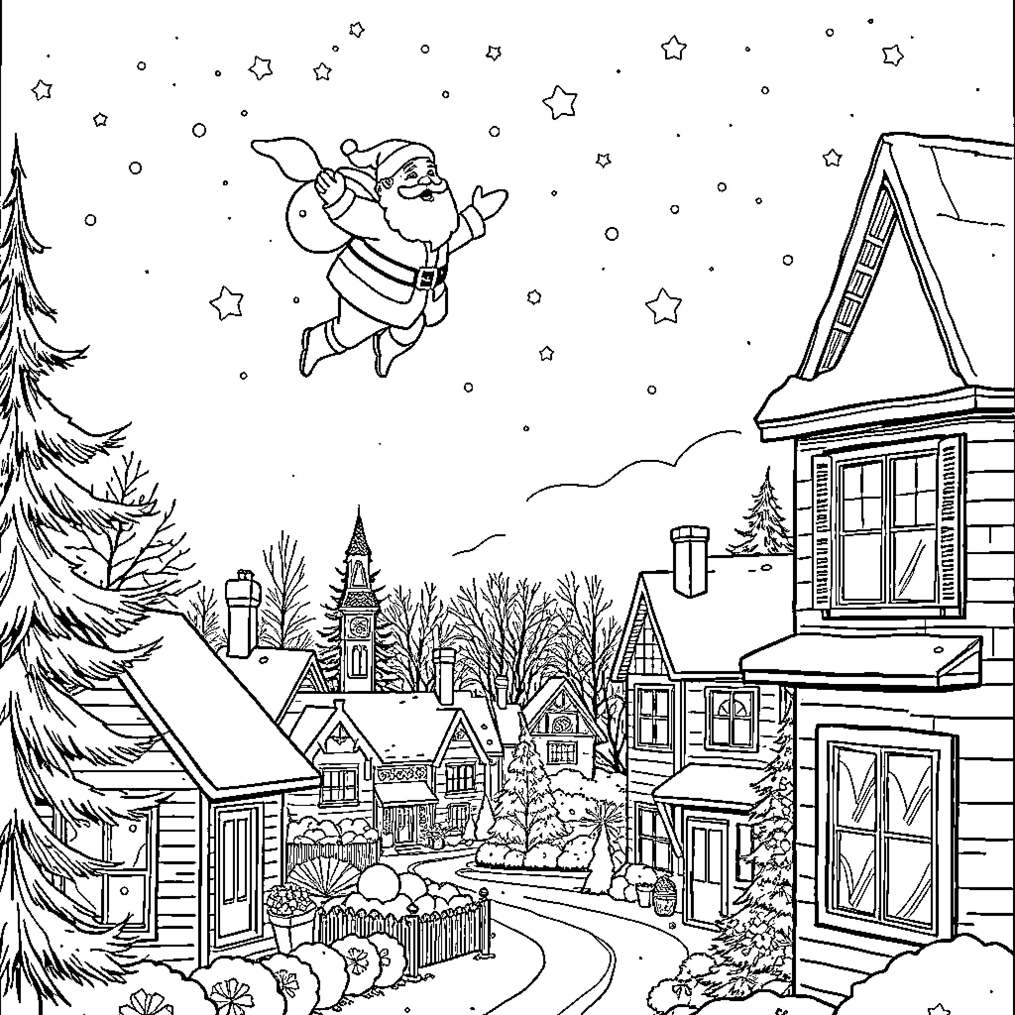 Santa flying joyfully over snowy winter town Coloring Page (free black-and-white line drawing printable PDF for all, from beginners to advanced learners, including children, teens, adults, and seniors)