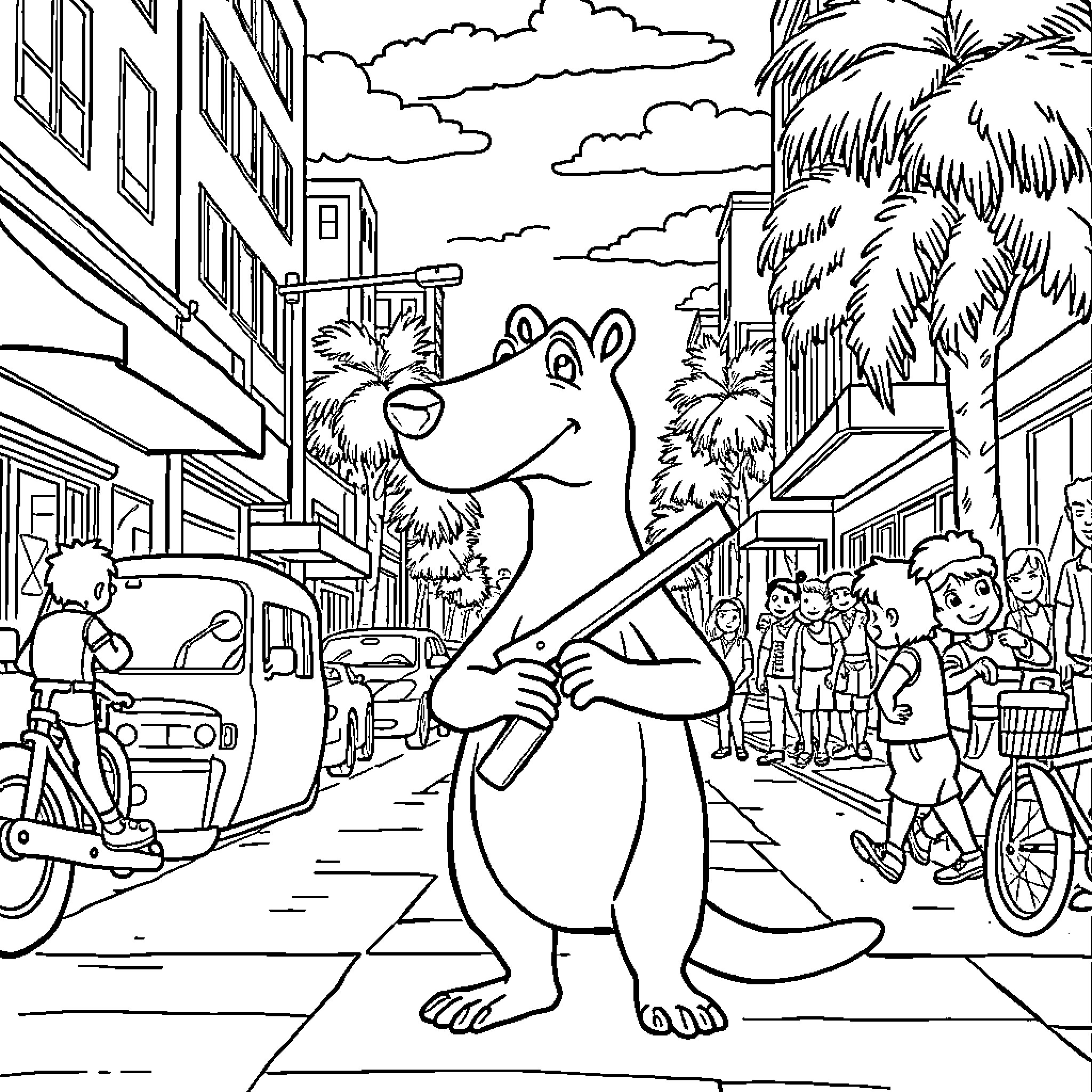 Arthur Explores the Lively City Streets Coloring Page (free black-and-white line drawing printable PDF for all, from beginners to advanced learners, including children, teens, adults, and seniors)