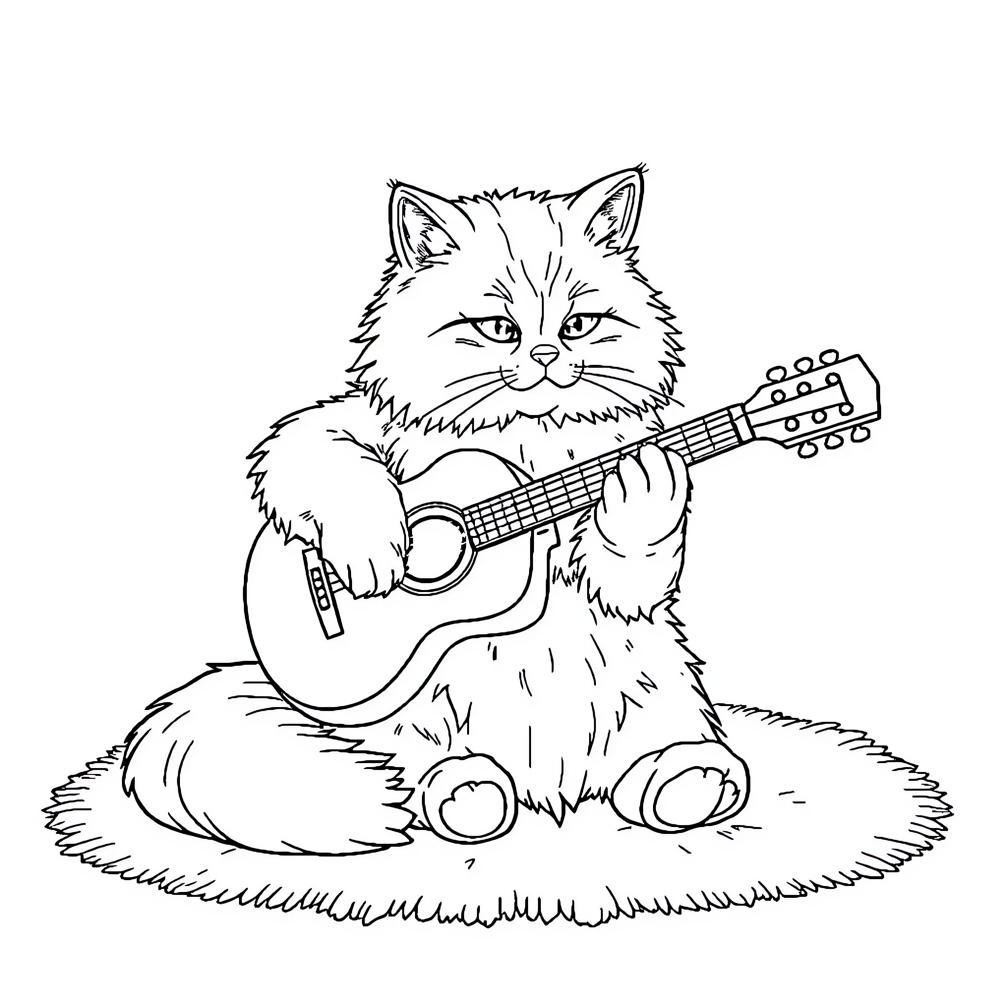 Siberian Cat playing guitar on the grass Coloring Page (free black-and-white line drawing printable PDF for all, from beginners to advanced learners, including children, teens, adults, and seniors)