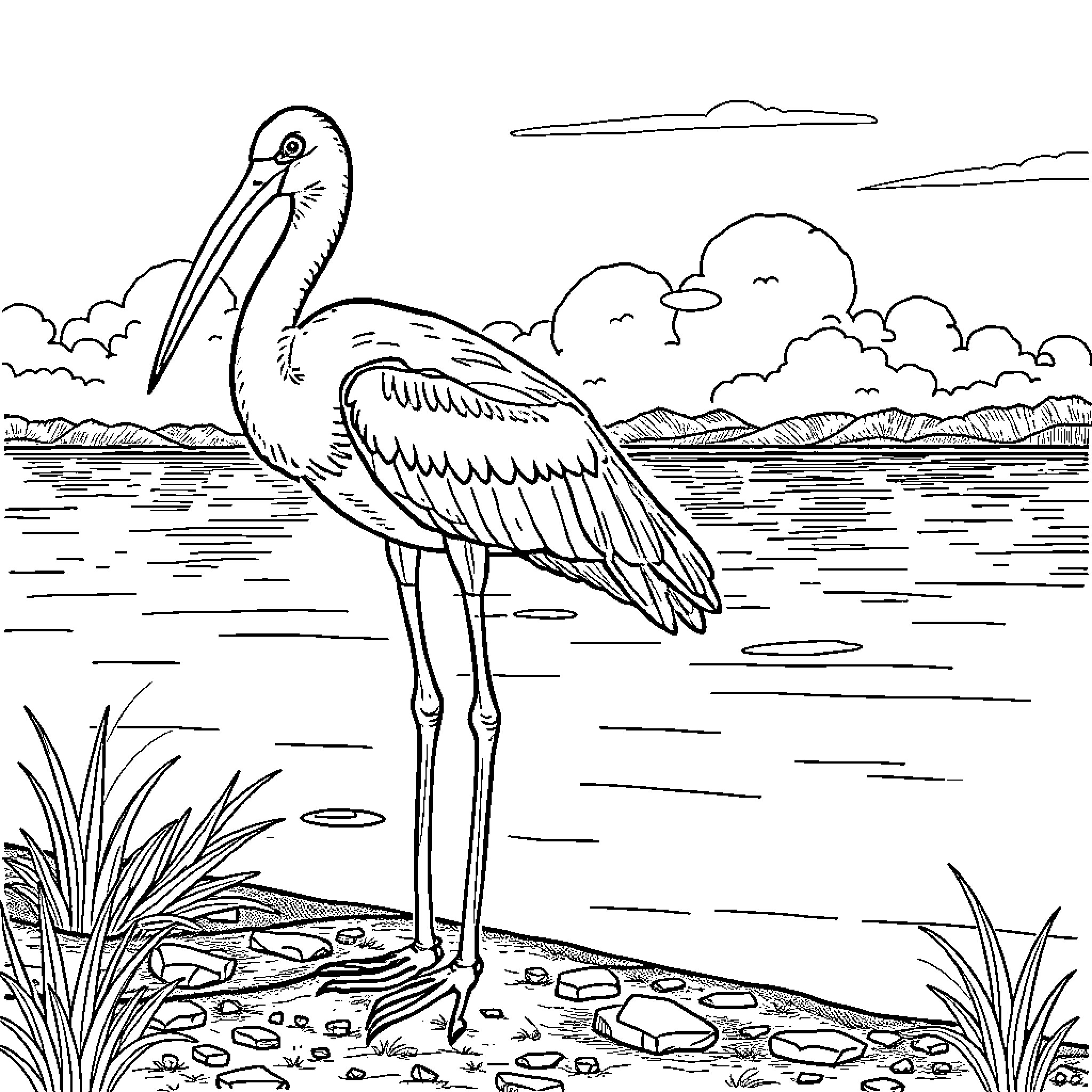 Eudocimus wading in serene marsh landscape Coloring Page (free black-and-white line drawing printable PDF for all, from beginners to advanced learners, including children, teens, adults, and seniors)