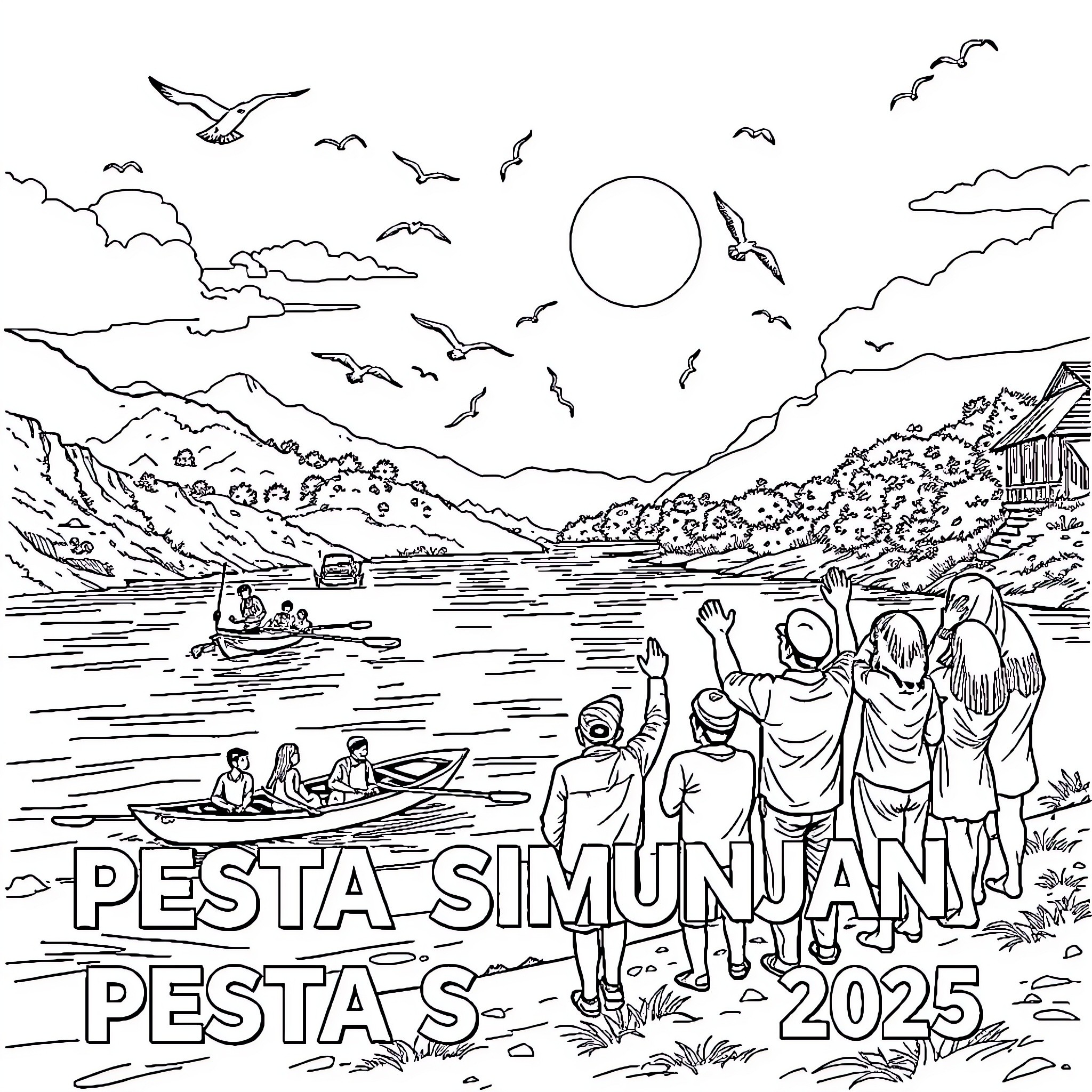 Pesta Simunjan: Lively Celebration by the Lakeside Coloring Page (free black-and-white line drawing printable PDF for all, from beginners to advanced learners, including children, teens, adults, and seniors)