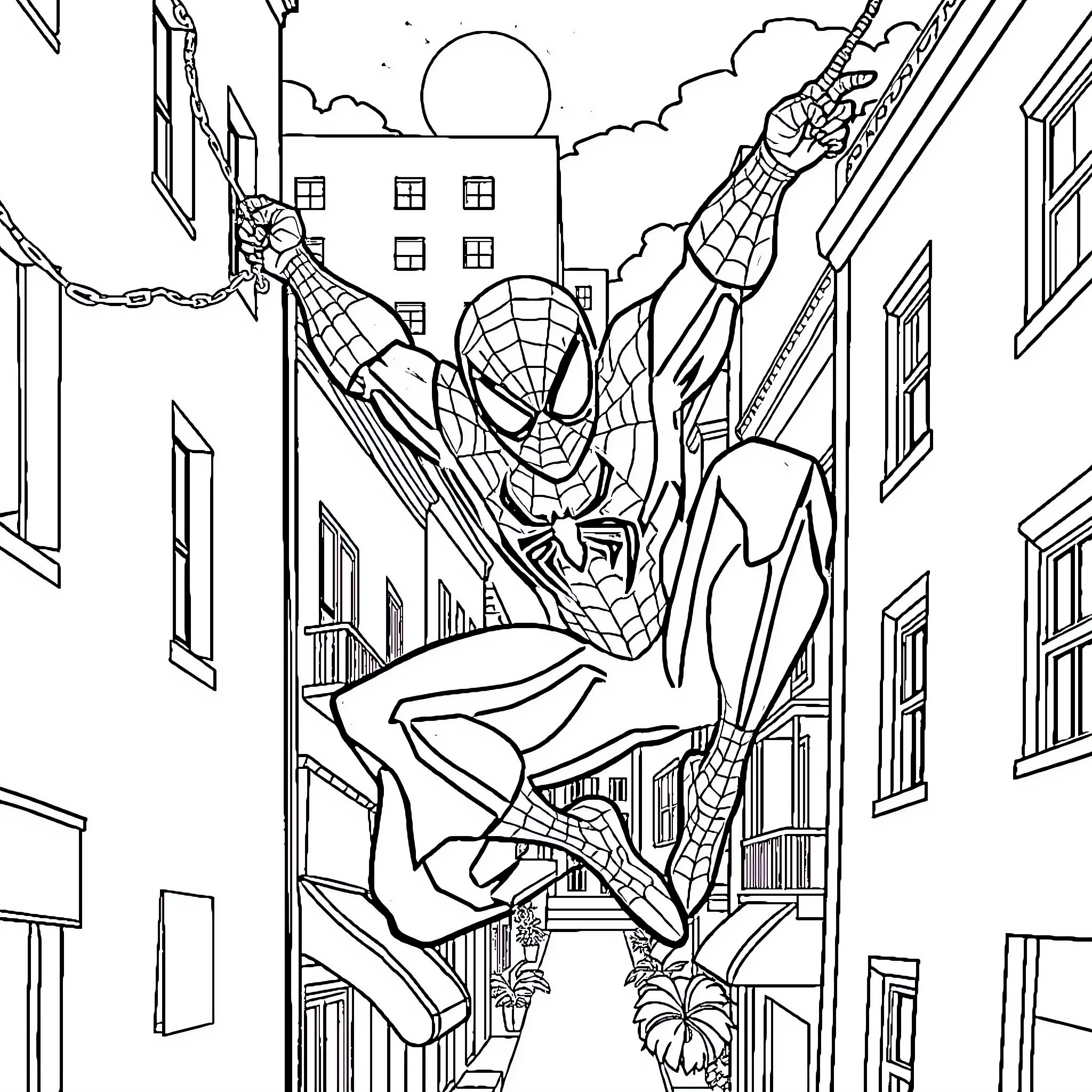 Spider-Man swinging through the city streets Coloring Page (free black-and-white line drawing printable PDF for all, from beginners to advanced learners, including children, teens, adults, and seniors)