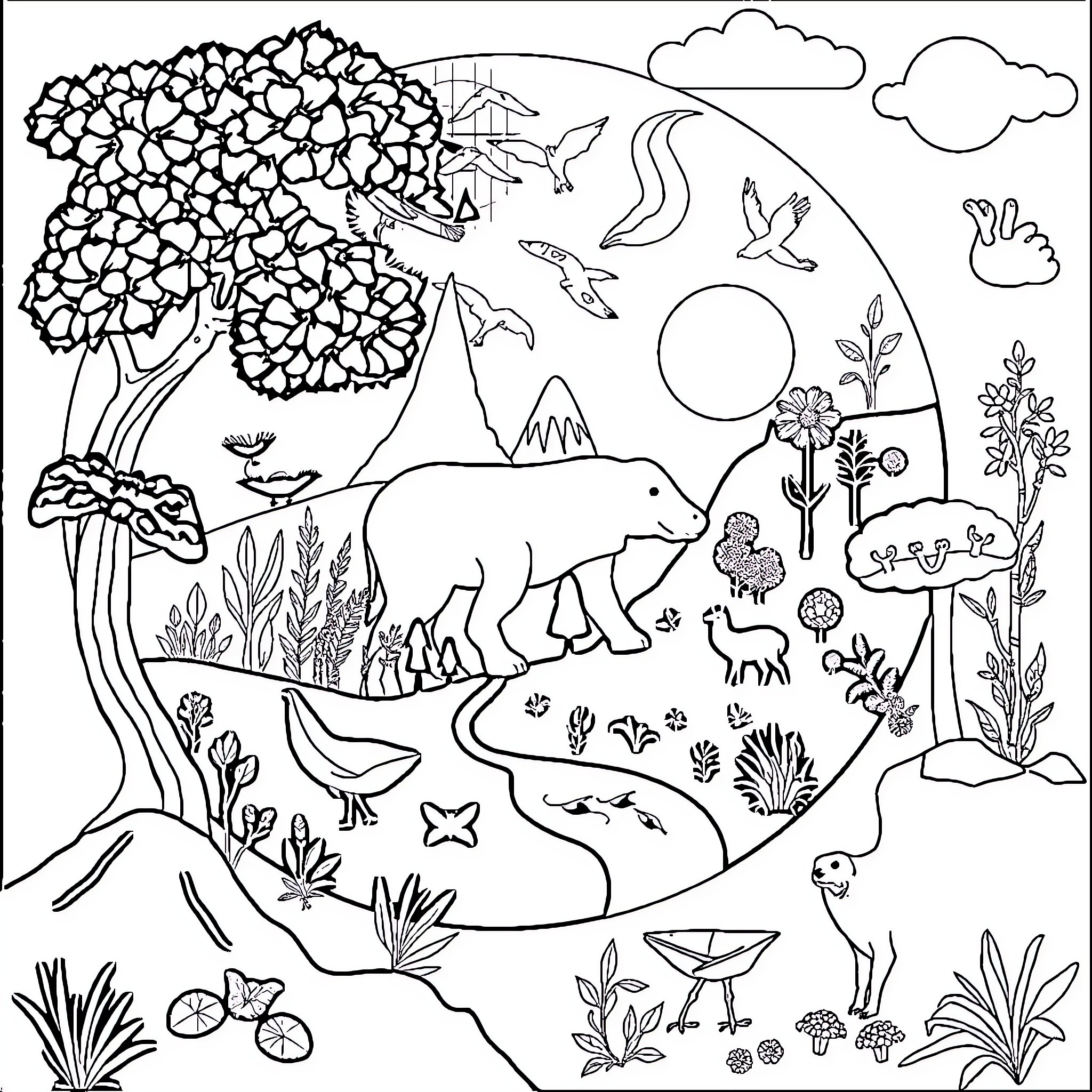 Ecosystem of Diverse Wildlife and Nature Coloring Page (free black-and-white line drawing printable PDF for all, from beginners to advanced learners, including children, teens, adults, and seniors)