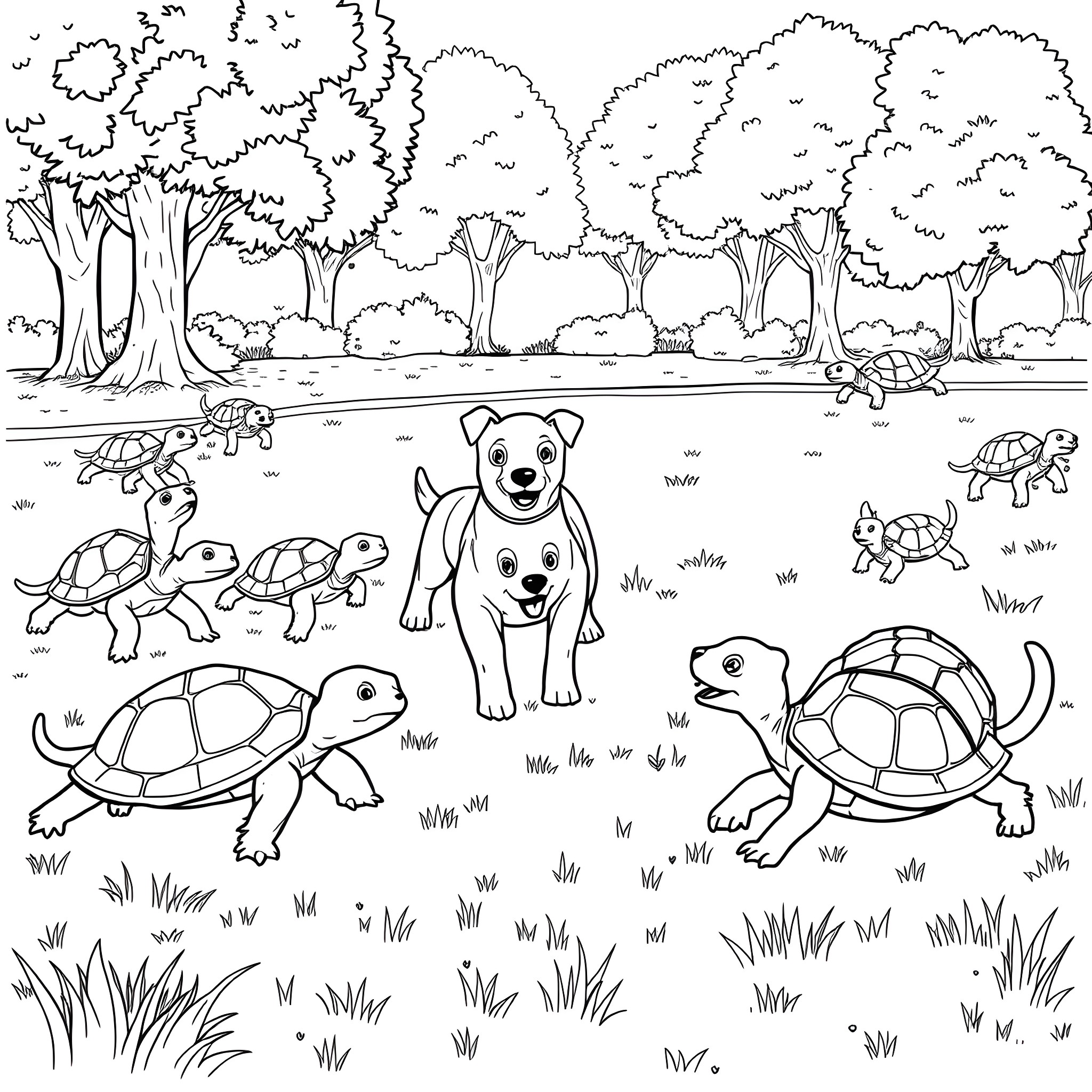 Turtle and friends exploring the forest Coloring Page (free black-and-white line drawing printable PDF for all, from beginners to advanced learners, including children, teens, adults, and seniors)