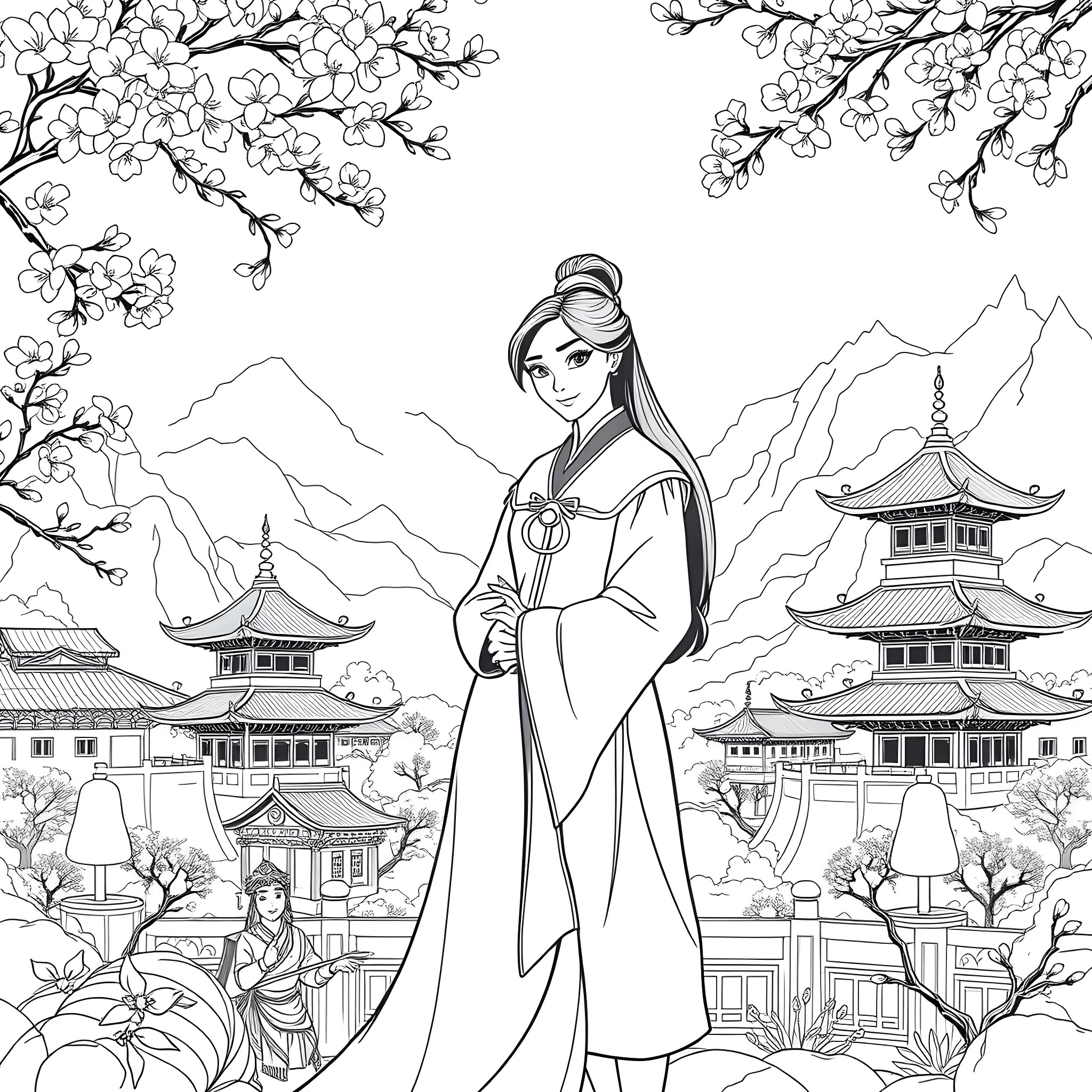 Mulan in traditional Chinese attire in a scenic landscape Coloring Page (free black-and-white line drawing printable PDF for all, from beginners to advanced learners, including children, teens, adults, and seniors)