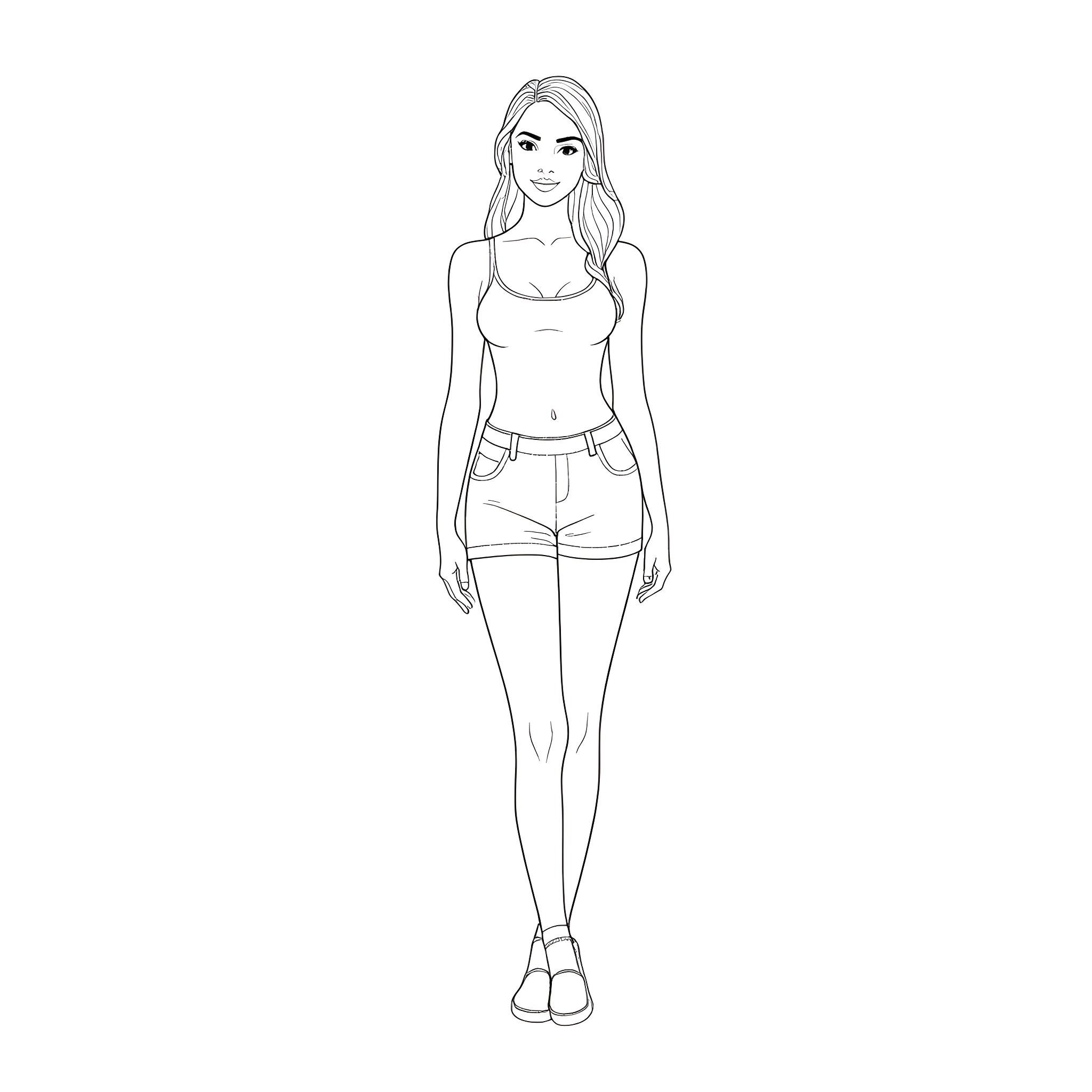 Woman in casual outfit standing confidently Coloring Page (free black-and-white line drawing printable PDF for all, from beginners to advanced learners, including children, teens, adults, and seniors)