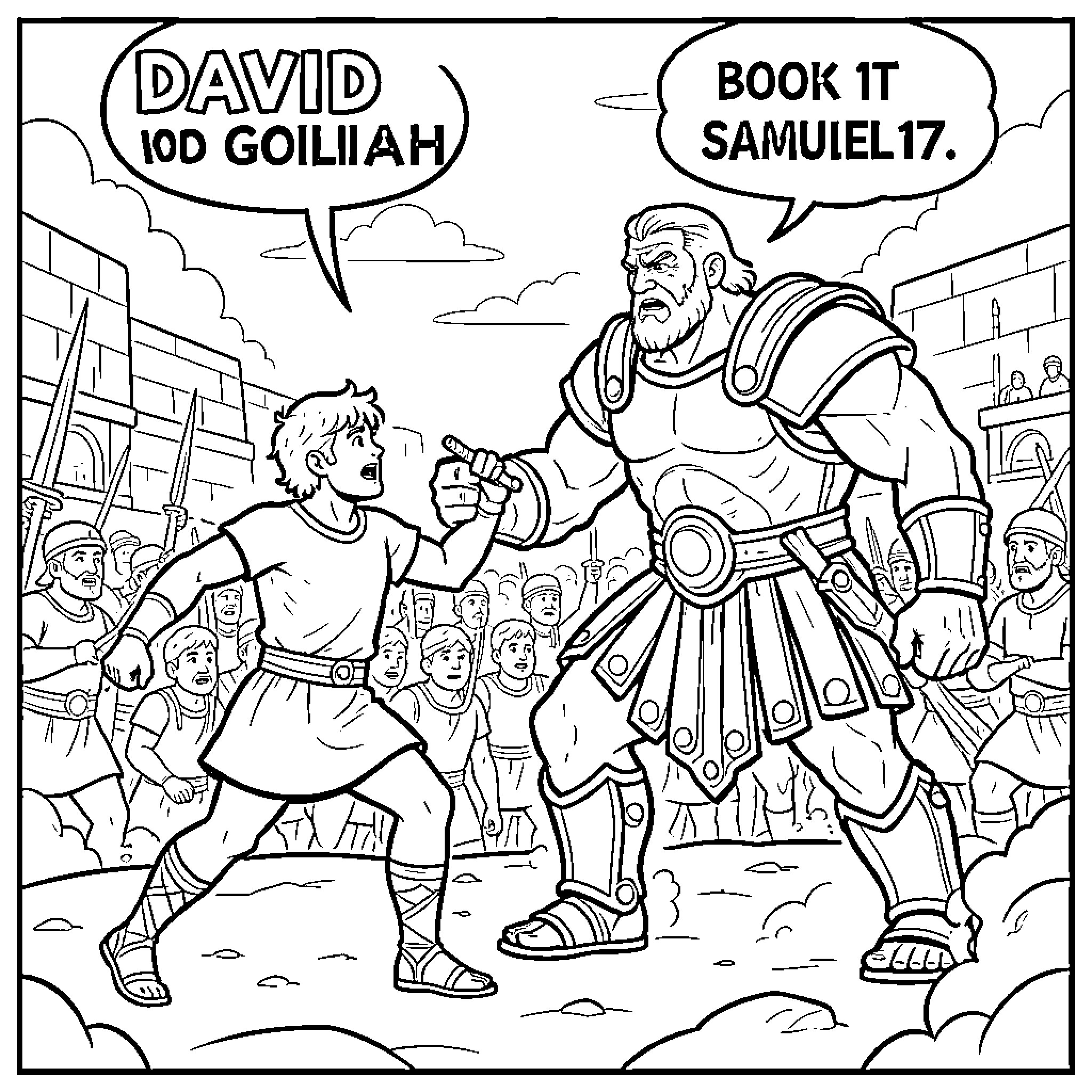 David facing a giant warrior in an epic battle Coloring Page (free black-and-white line drawing printable PDF for all, from beginners to advanced learners, including children, teens, adults, and seniors)