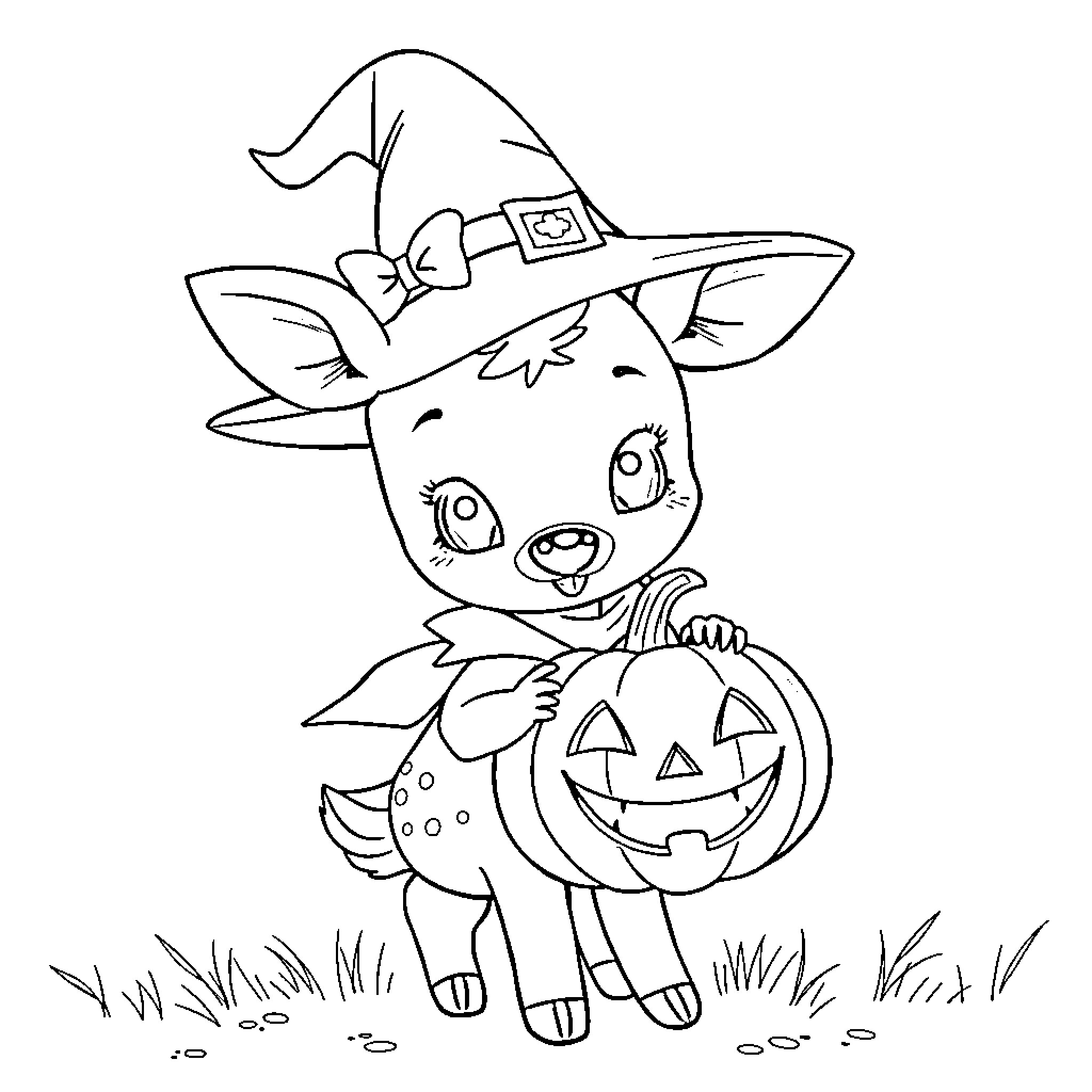 Deer dressed as Halloween pumpkin holding trick-or-treat bag Coloring Page (free black-and-white line drawing printable PDF for all, from beginners to advanced learners, including children, teens, adults, and seniors)
