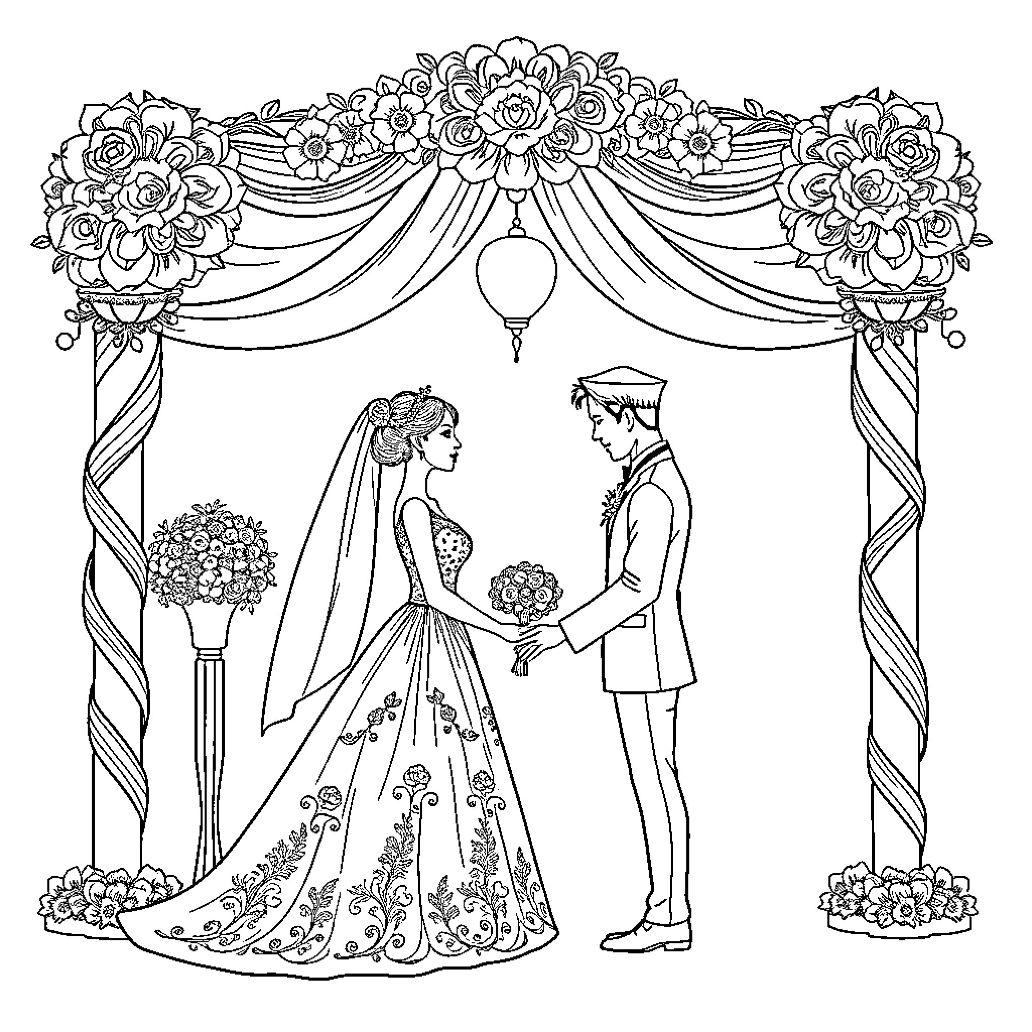 Rumi's Floral Wedding Ceremony Coloring Page (free black-and-white line drawing printable PDF for all, from beginners to advanced learners, including children, teens, adults, and seniors)