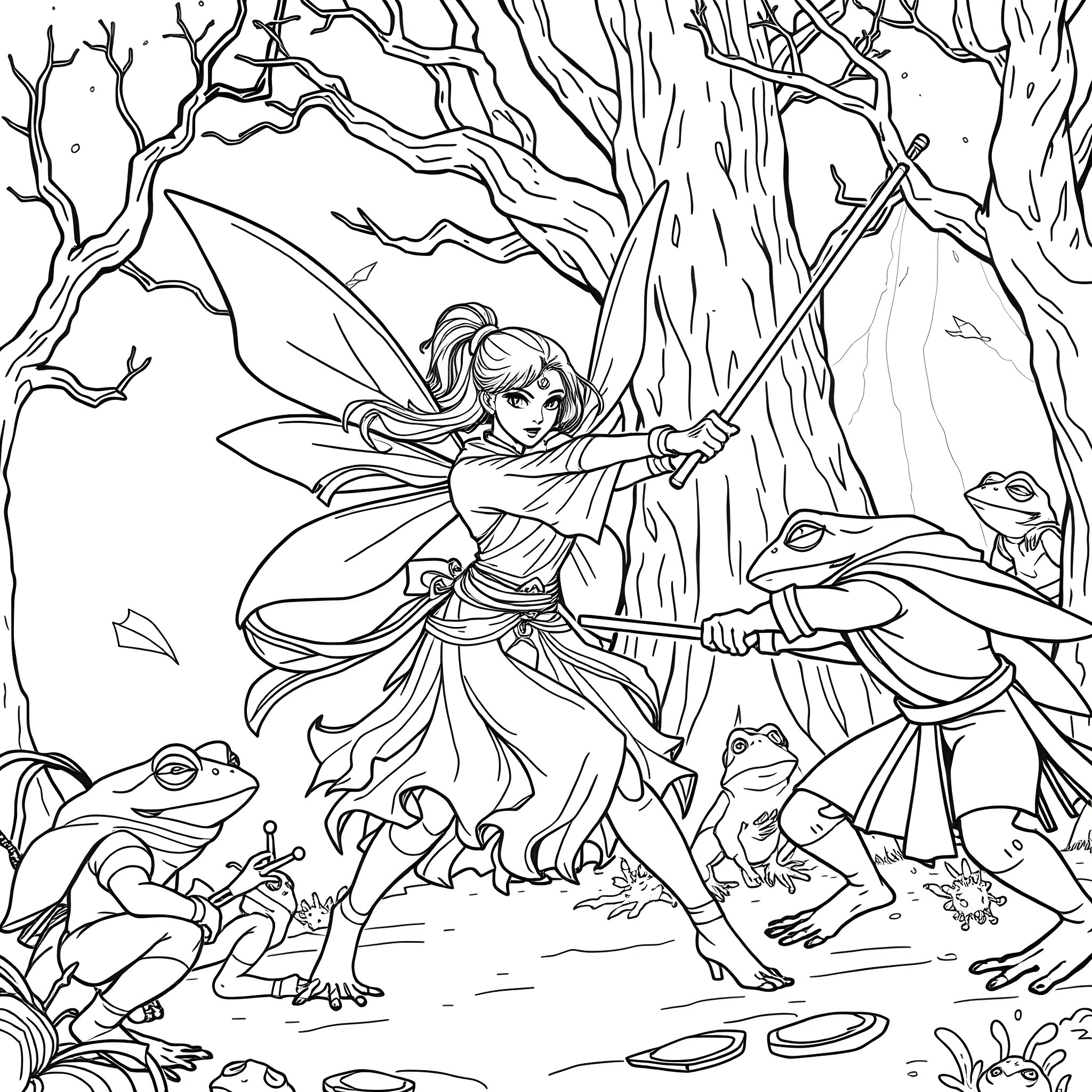 Princess Fairy Protects Forest Creatures Coloring Page (free black-and-white line drawing printable PDF for all, from beginners to advanced learners, including children, teens, adults, and seniors)