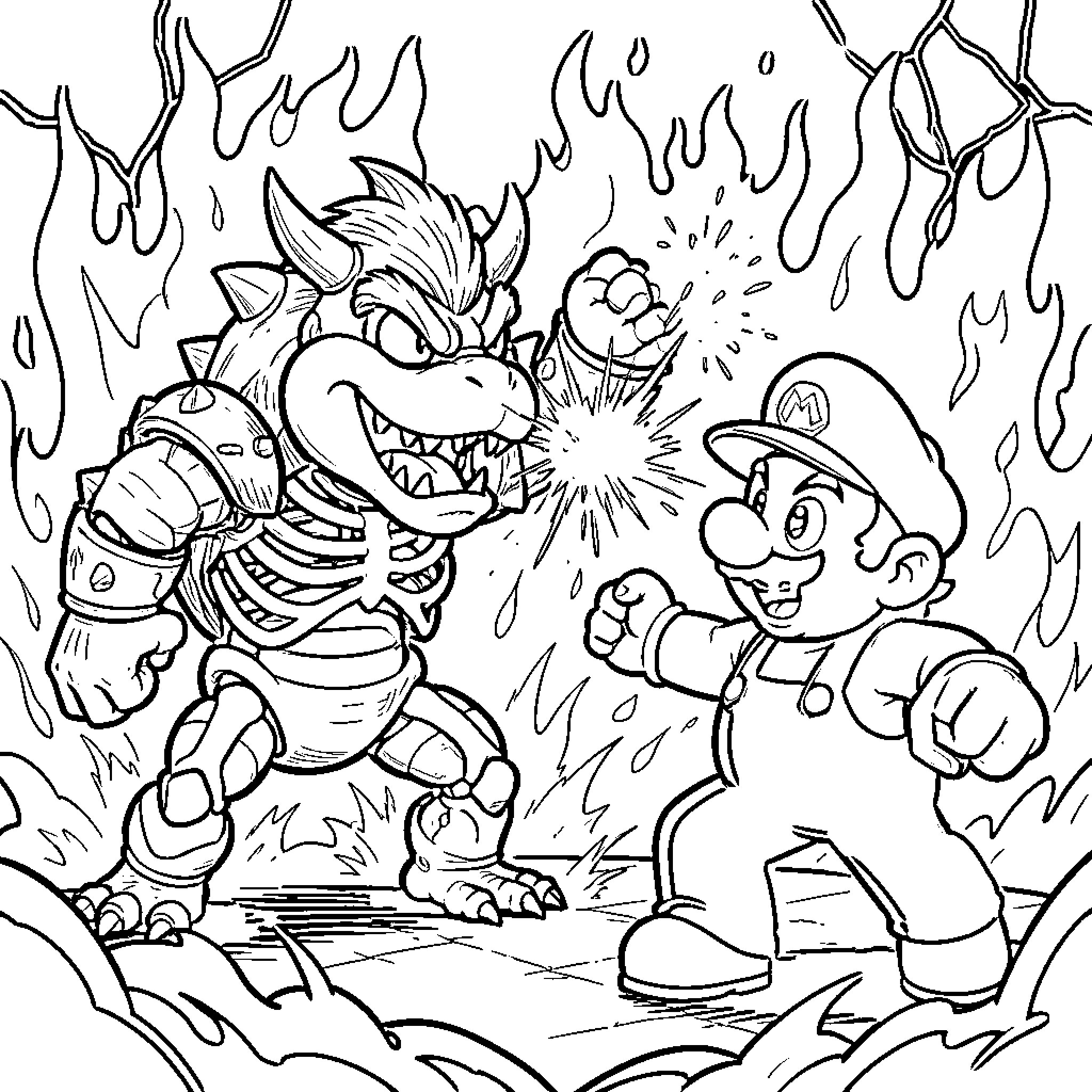 Dry Bowser battling against Super Mario in a fiery showdown Coloring Page (free black-and-white line drawing printable PDF for all, from beginners to advanced learners, including children, teens, adults, and seniors)