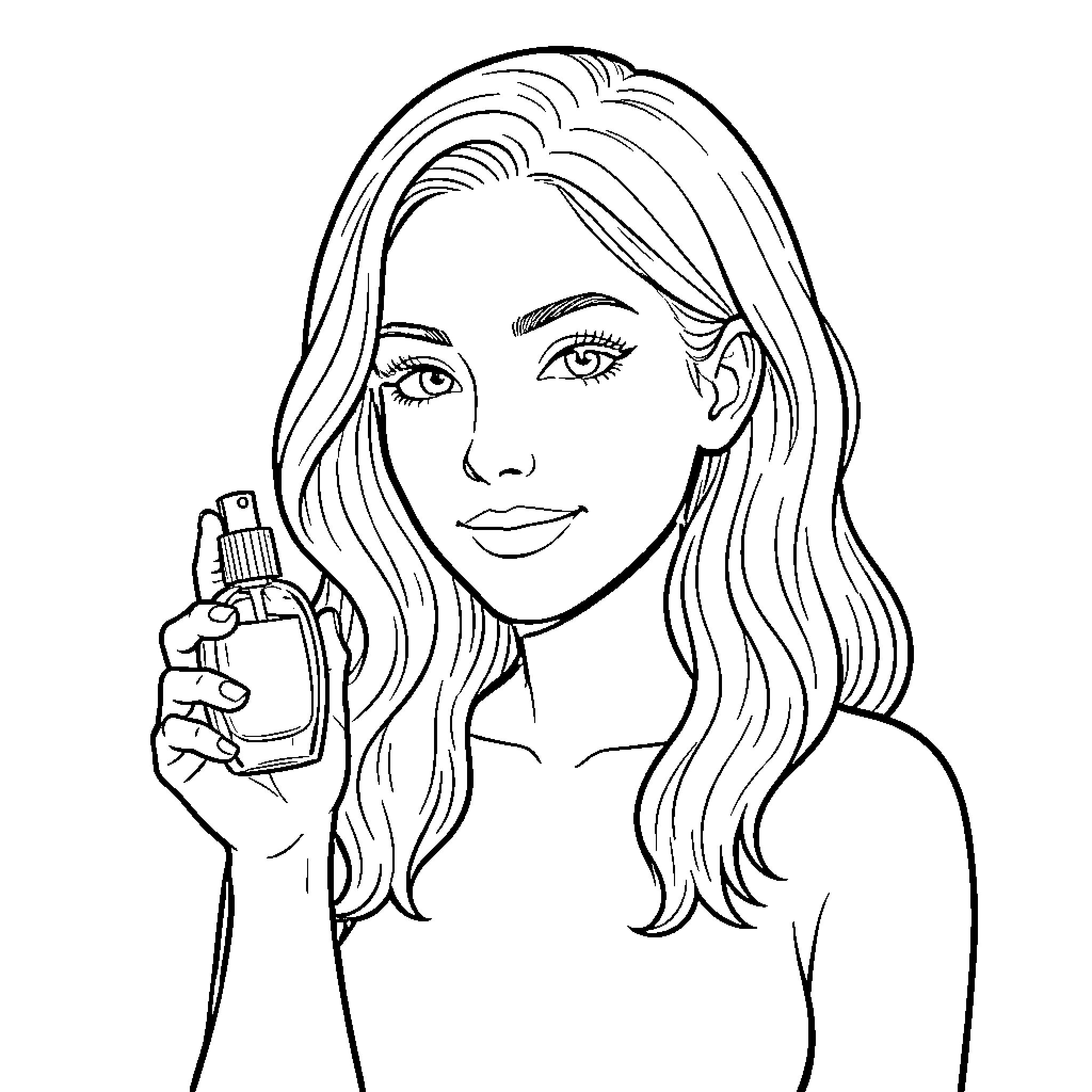 Woman applying makeup and grooming herself Coloring Page (free black-and-white line drawing printable PDF for all, from beginners to advanced learners, including children, teens, adults, and seniors)
