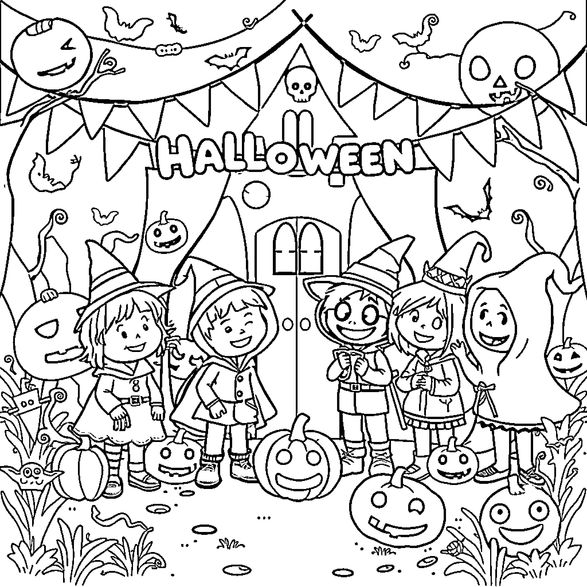 Halloween kids celebrating at a haunted house Coloring Page (free black-and-white line drawing printable PDF for all, from beginners to advanced learners, including children, teens, adults, and seniors)