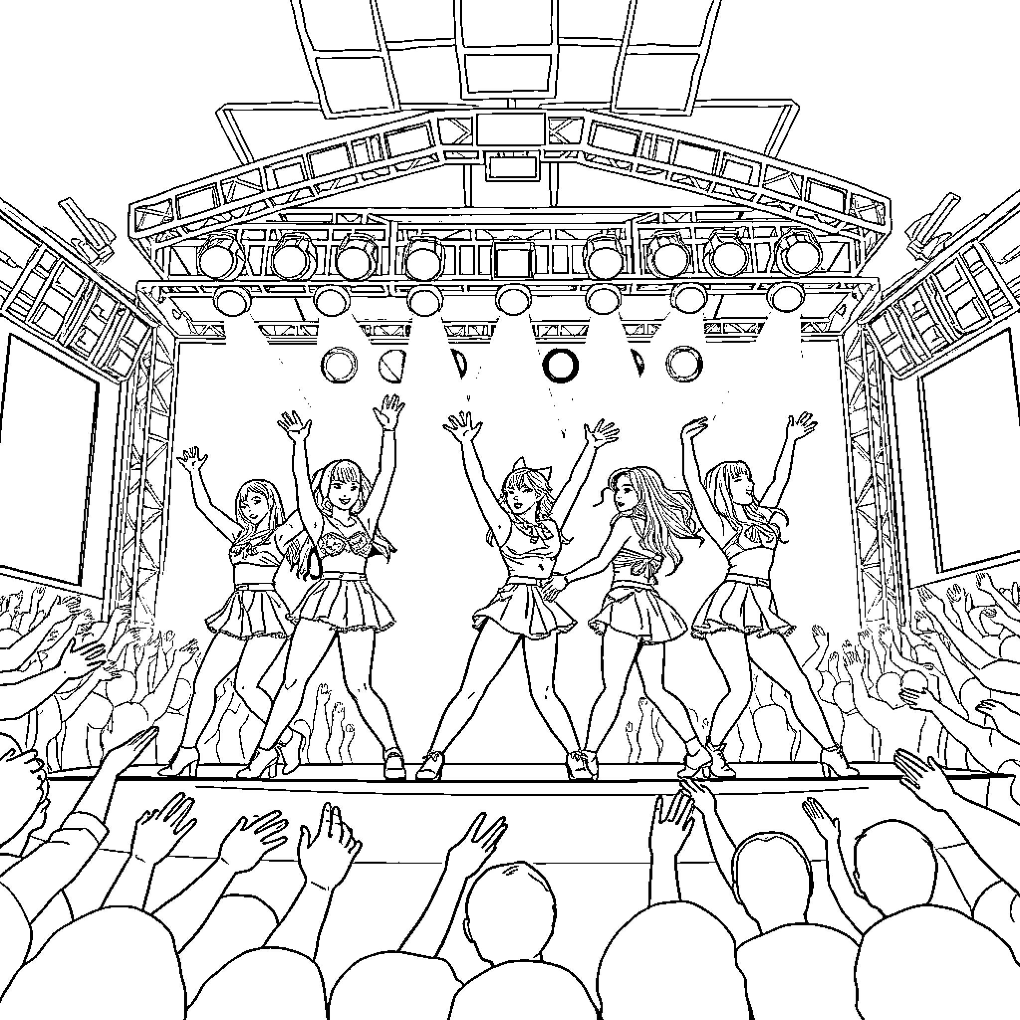 Kpop performers on stage entertaining the crowd Coloring Page (free black-and-white line drawing printable PDF for all, from beginners to advanced learners, including children, teens, adults, and seniors)