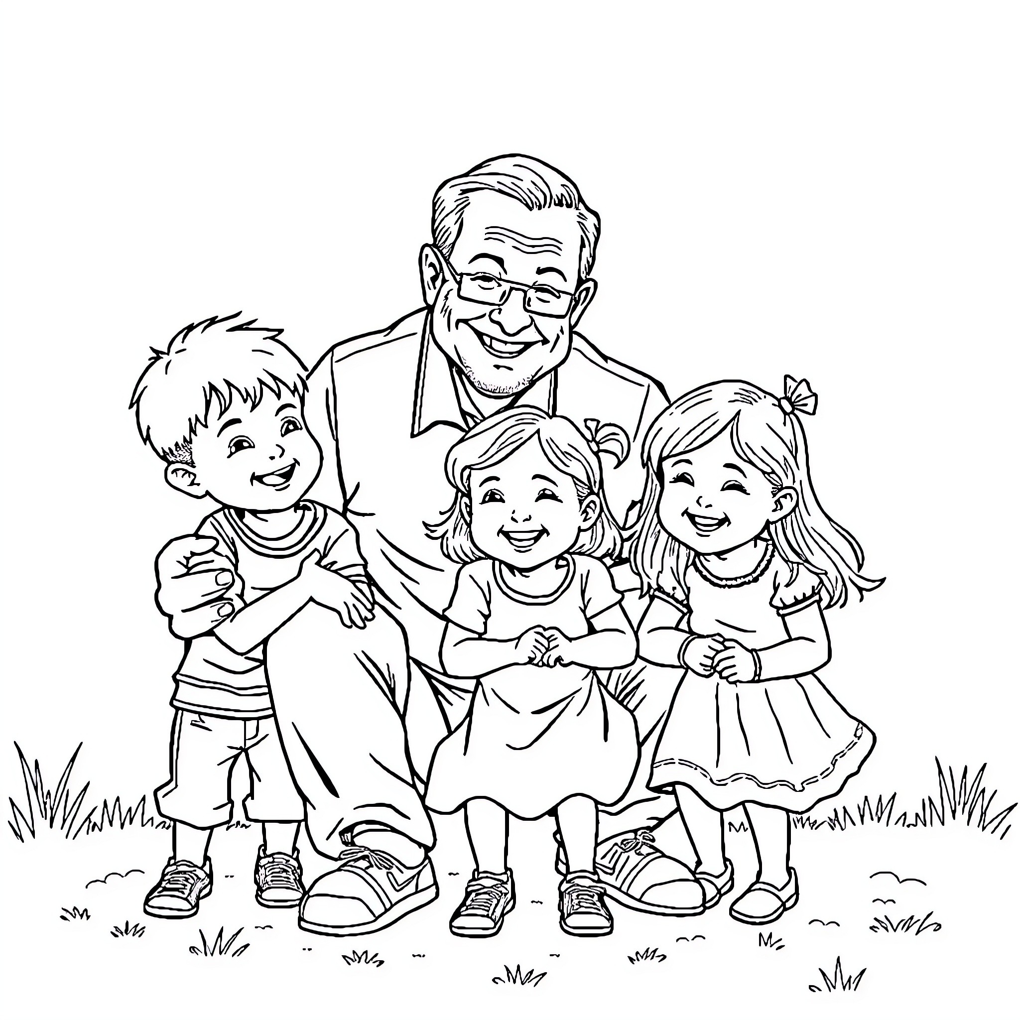 Grandparent Enjoying Time with Grandchildren Outdoors Coloring Page (free black-and-white line drawing printable PDF for all, from beginners to advanced learners, including children, teens, adults, and seniors)