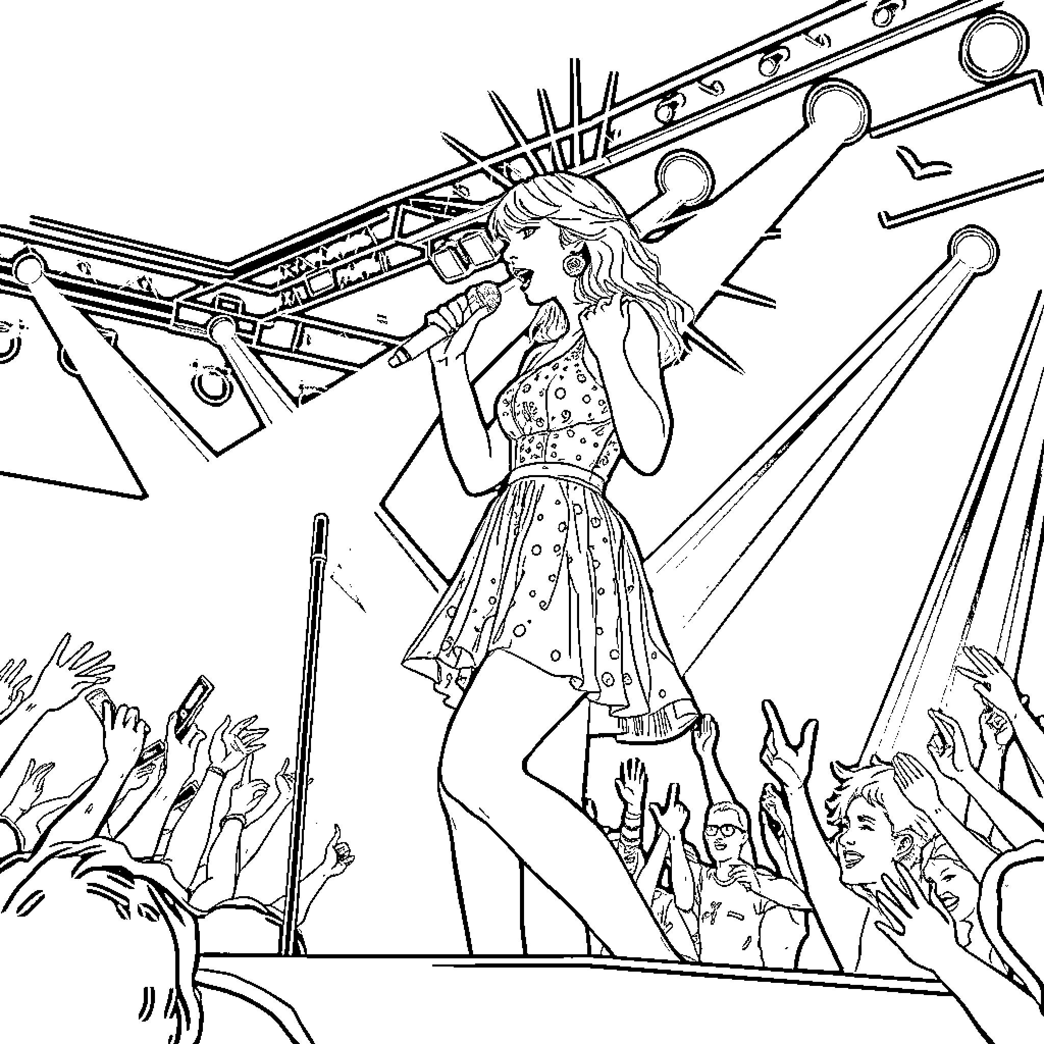 Taylor Swift performing on stage with her fans Coloring Page (free black-and-white line drawing printable PDF for all, from beginners to advanced learners, including children, teens, adults, and seniors)