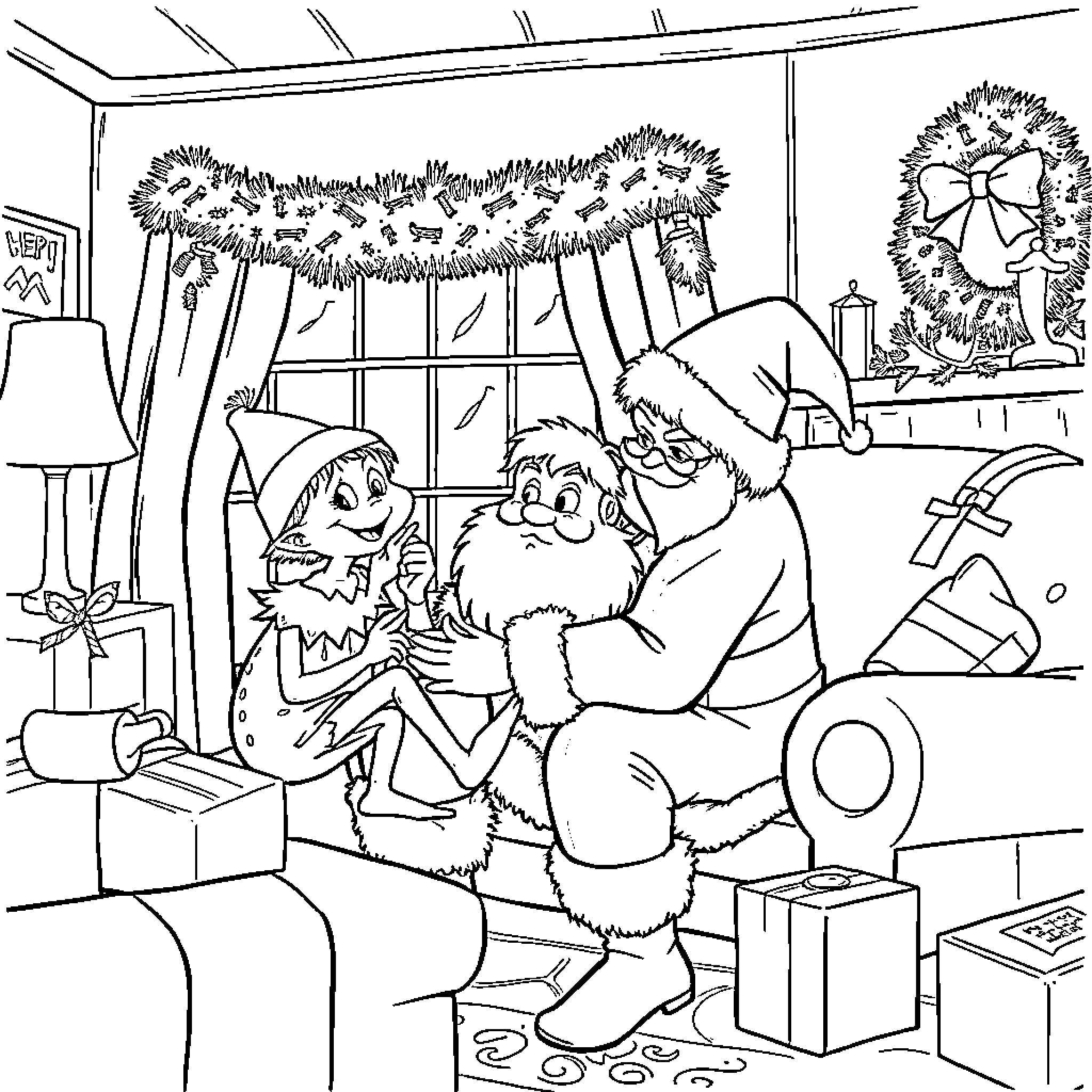 Elf Santa Claus and Elf Helper Preparing Gifts Coloring Page (free black-and-white line drawing printable PDF for all, from beginners to advanced learners, including children, teens, adults, and seniors)
