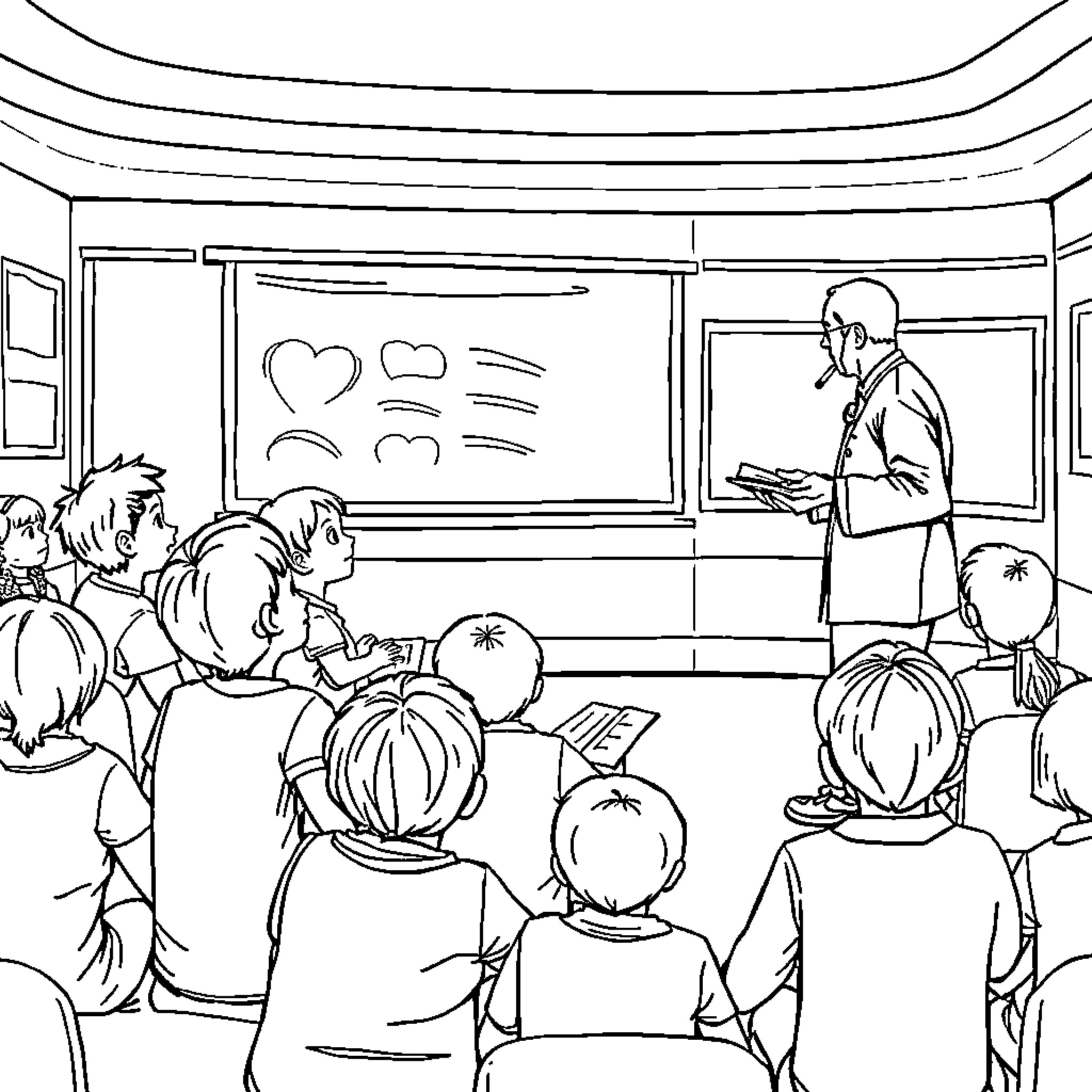 Professor Guiding Students in Classroom Discussion Coloring Page (free black-and-white line drawing printable PDF for all, from beginners to advanced learners, including children, teens, adults, and seniors)