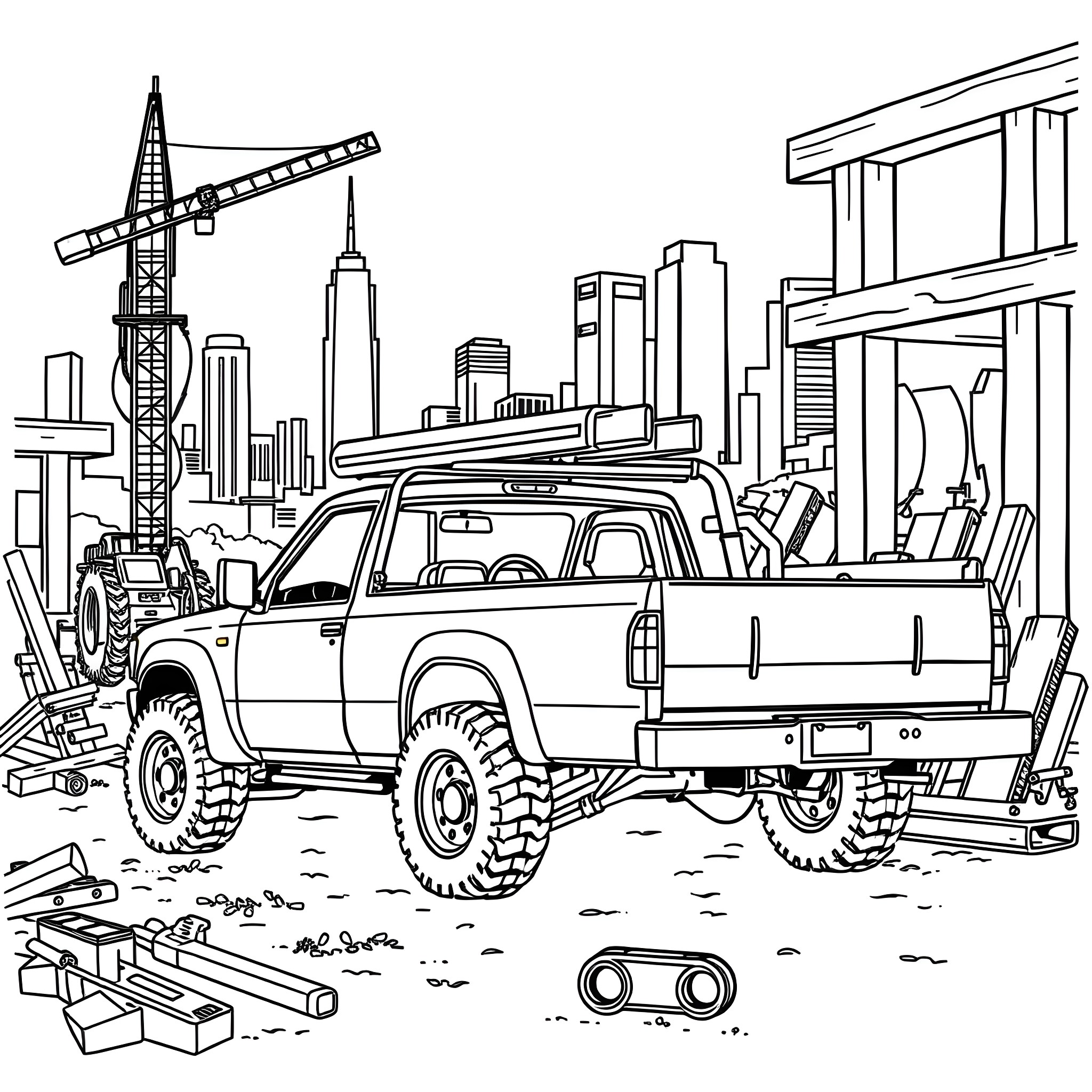 Pickup Truck Navigating Urban Construction Site Coloring Page (free black-and-white line drawing printable PDF for all, from beginners to advanced learners, including children, teens, adults, and seniors)