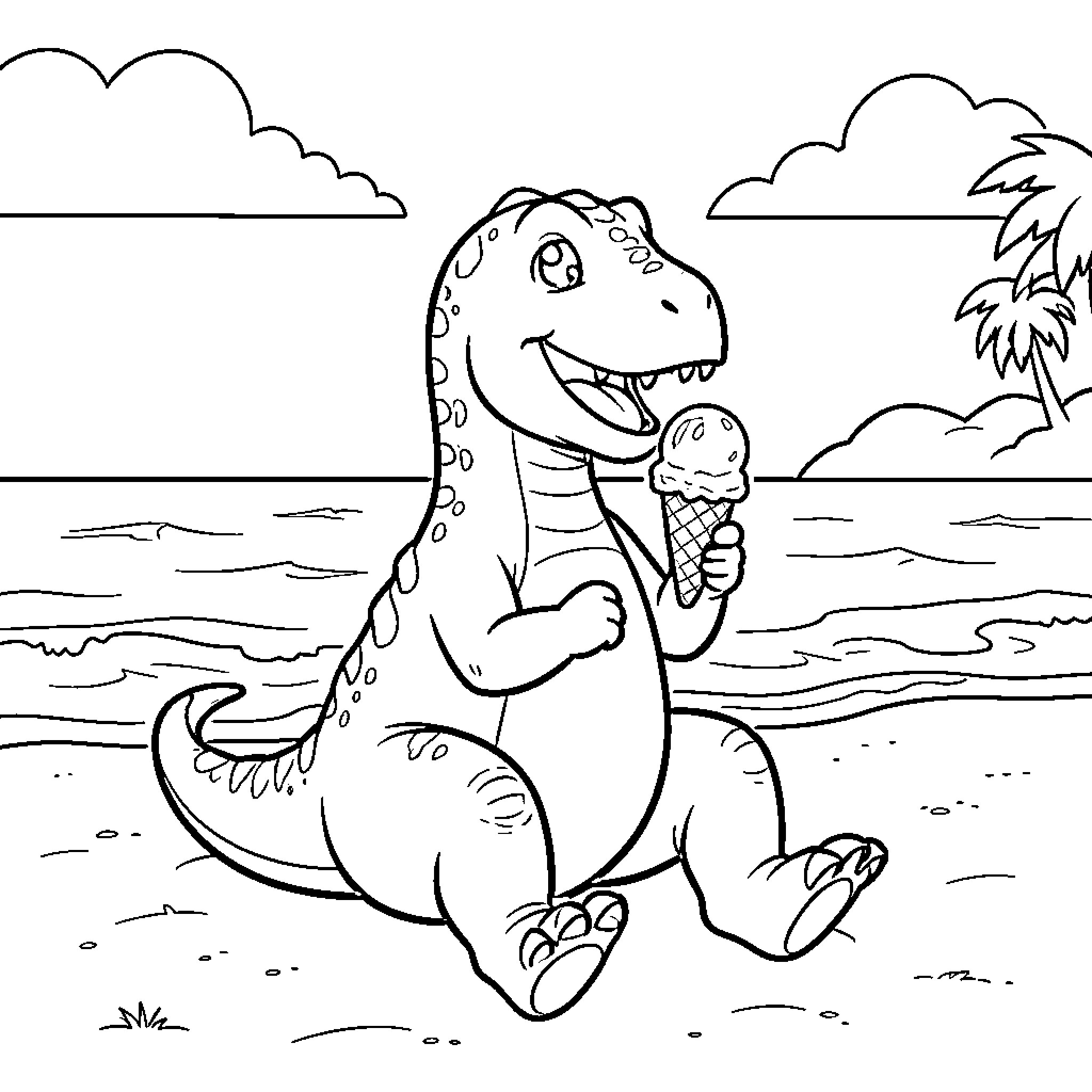 Dinosaur sitting on the beach eating ice cream Coloring Page (free black-and-white line drawing printable PDF for all, from beginners to advanced learners, including children, teens, adults, and seniors)
