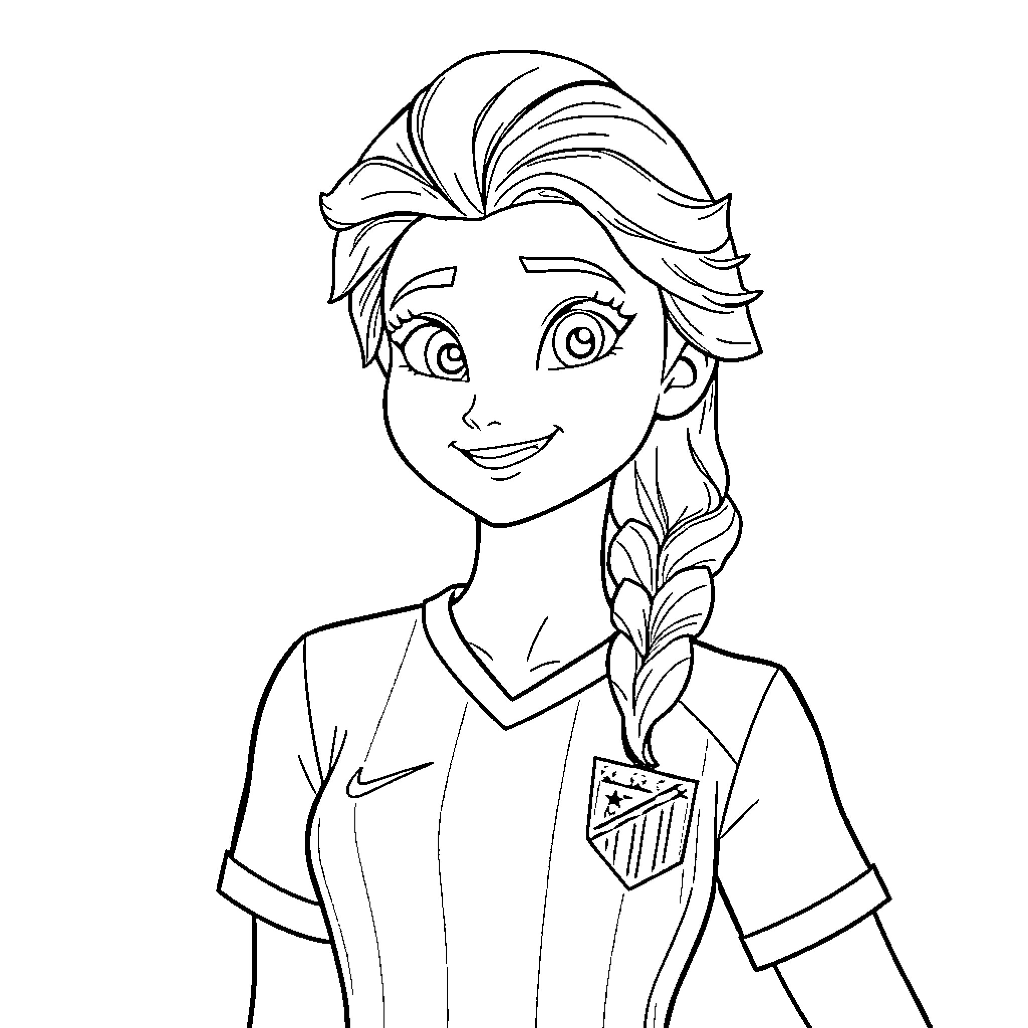 Elsa smiling in sports uniform Coloring Page (free black-and-white line drawing printable PDF for all, from beginners to advanced learners, including children, teens, adults, and seniors)