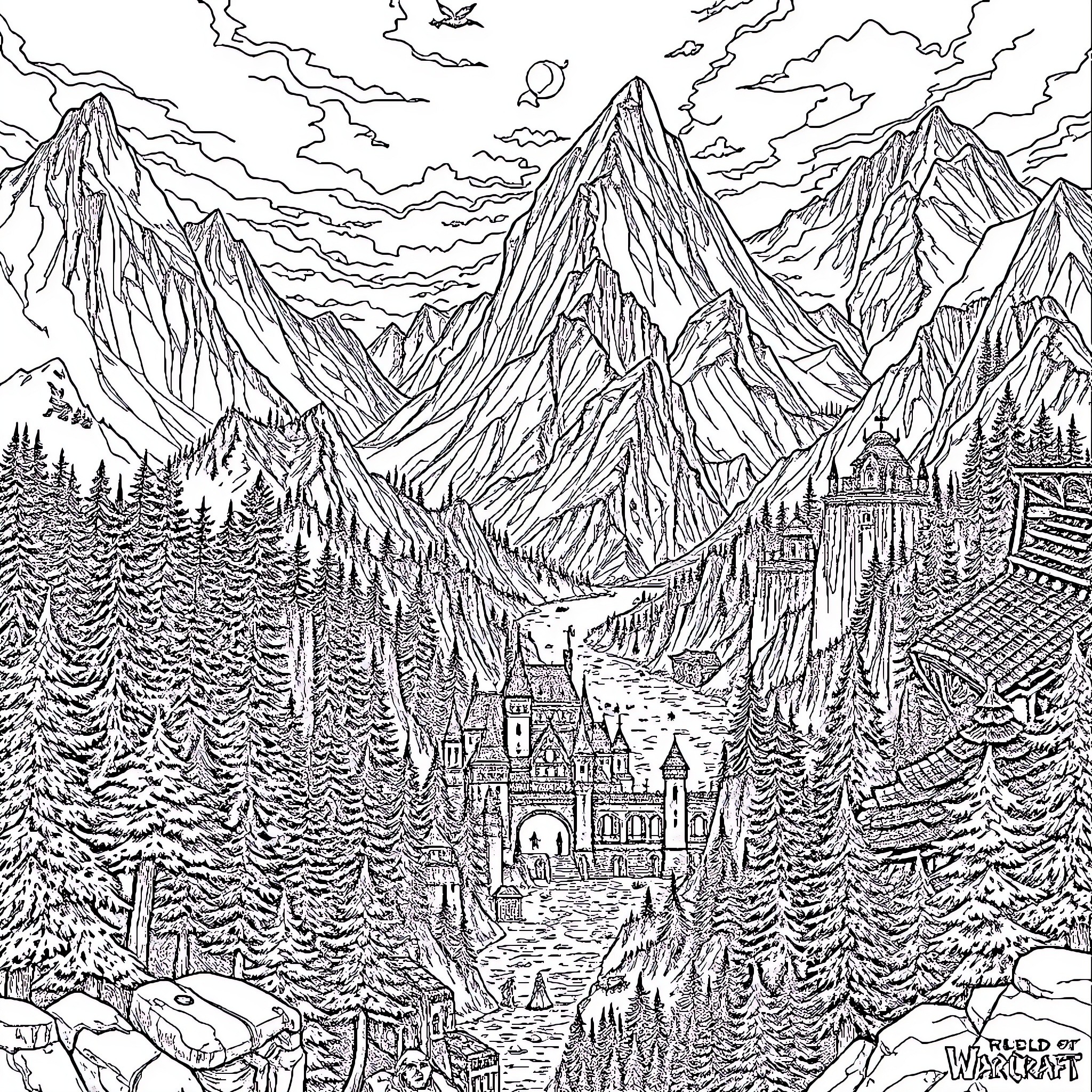 World of Warcraft: Majestic Mountain Fortress Coloring Page (free black-and-white line drawing printable PDF for all, from beginners to advanced learners, including children, teens, adults, and seniors)