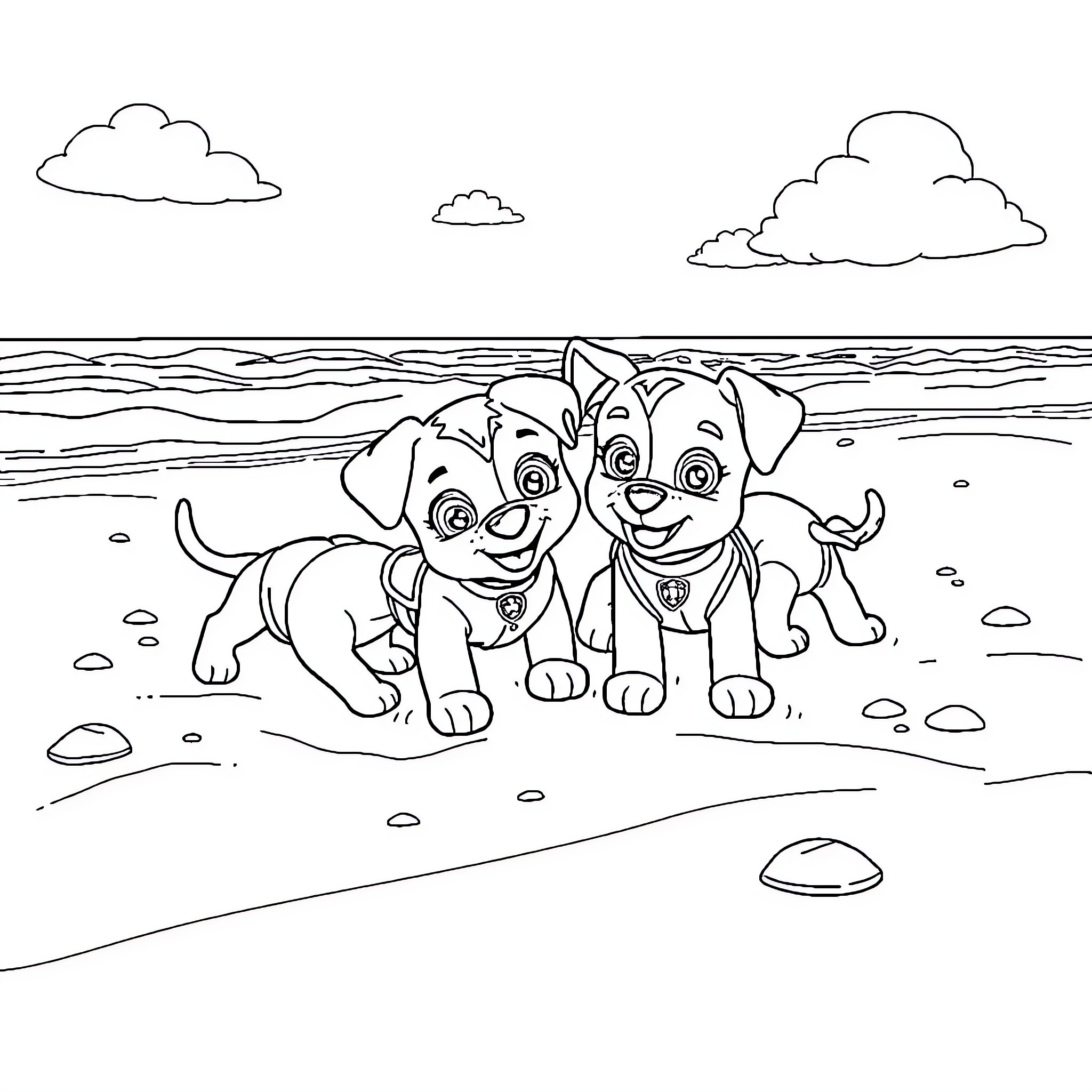 Puppy friends playing happily on the beach Coloring Page (free black-and-white line drawing printable PDF for all, from beginners to advanced learners, including children, teens, adults, and seniors)