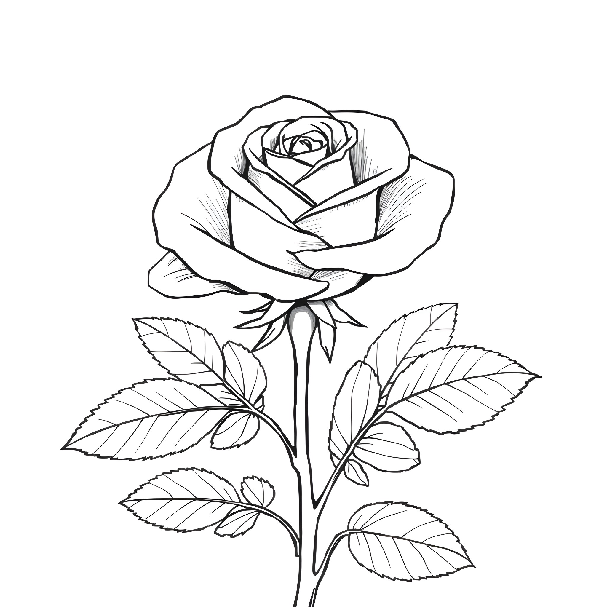 Rose Blossom in Elegant Sketch Coloring Page (free black-and-white line drawing printable PDF for all, from beginners to advanced learners, including children, teens, adults, and seniors)