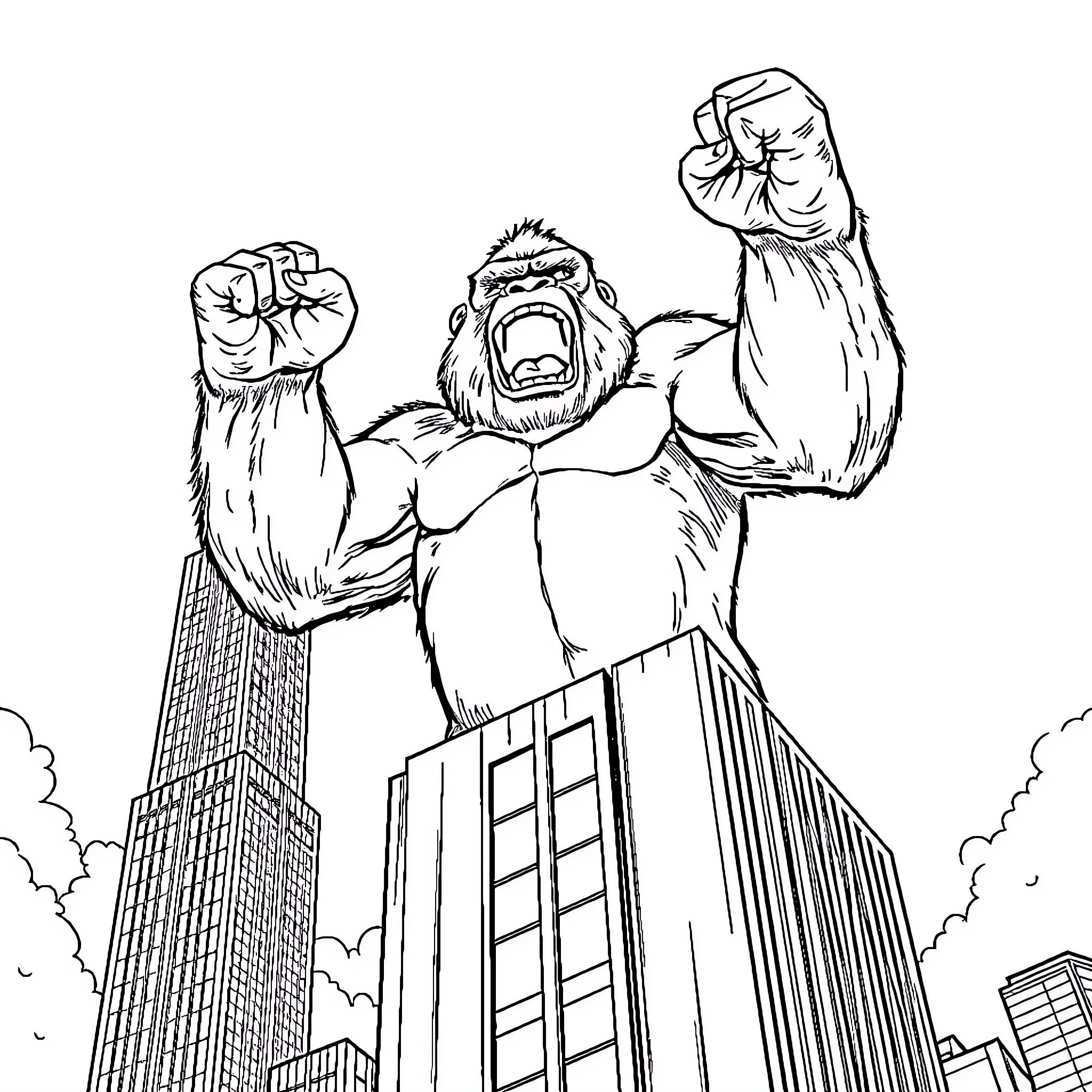 King Kong Rampaging Through the City Coloring Page (free black-and-white line drawing printable PDF for all, from beginners to advanced learners, including children, teens, adults, and seniors)