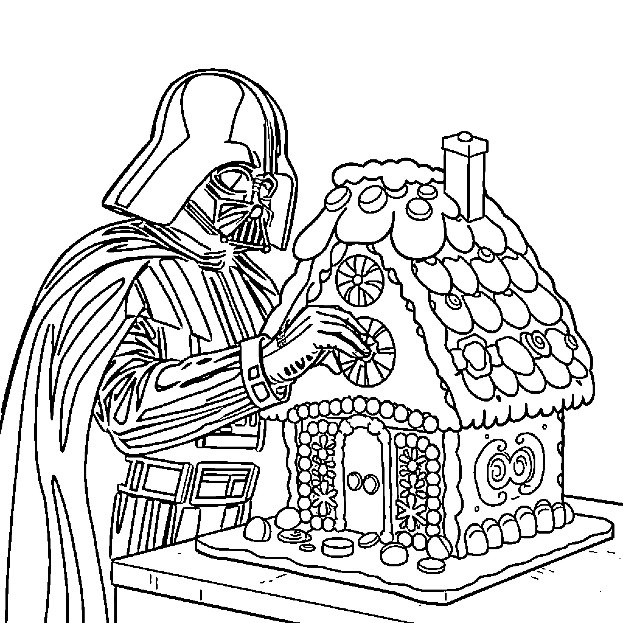 Darth Vader decorating gingerbread house Coloring Page (free black-and-white line drawing printable PDF for all, from beginners to advanced learners, including children, teens, adults, and seniors)