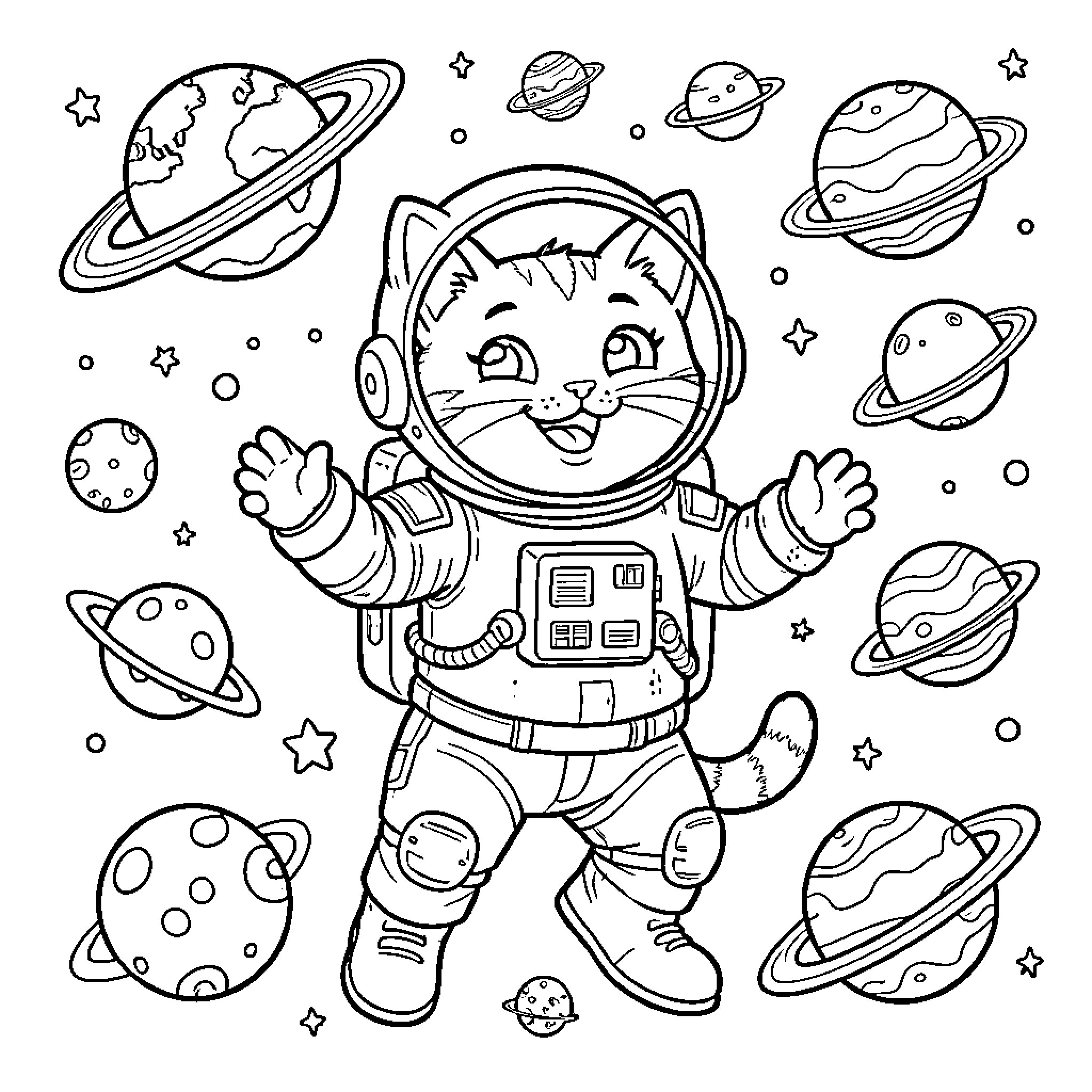 Gato astronauta jugando en el espacio Coloring Page (free black-and-white line drawing printable PDF for all, from beginners to advanced learners, including children, teens, adults, and seniors)