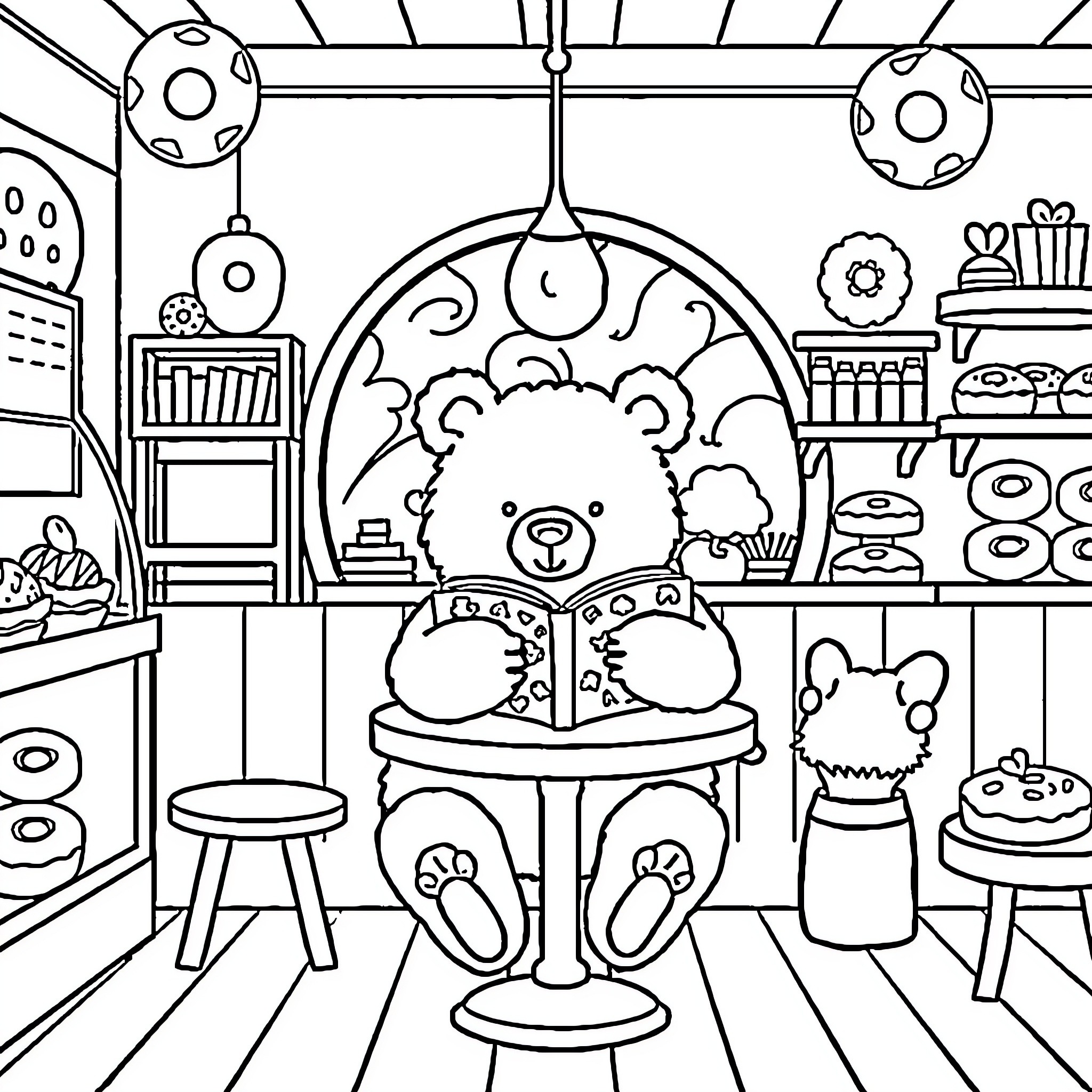 Bear enjoying sweets in a cozy cafe Coloring Page (free black-and-white line drawing printable PDF for all, from beginners to advanced learners, including children, teens, adults, and seniors)