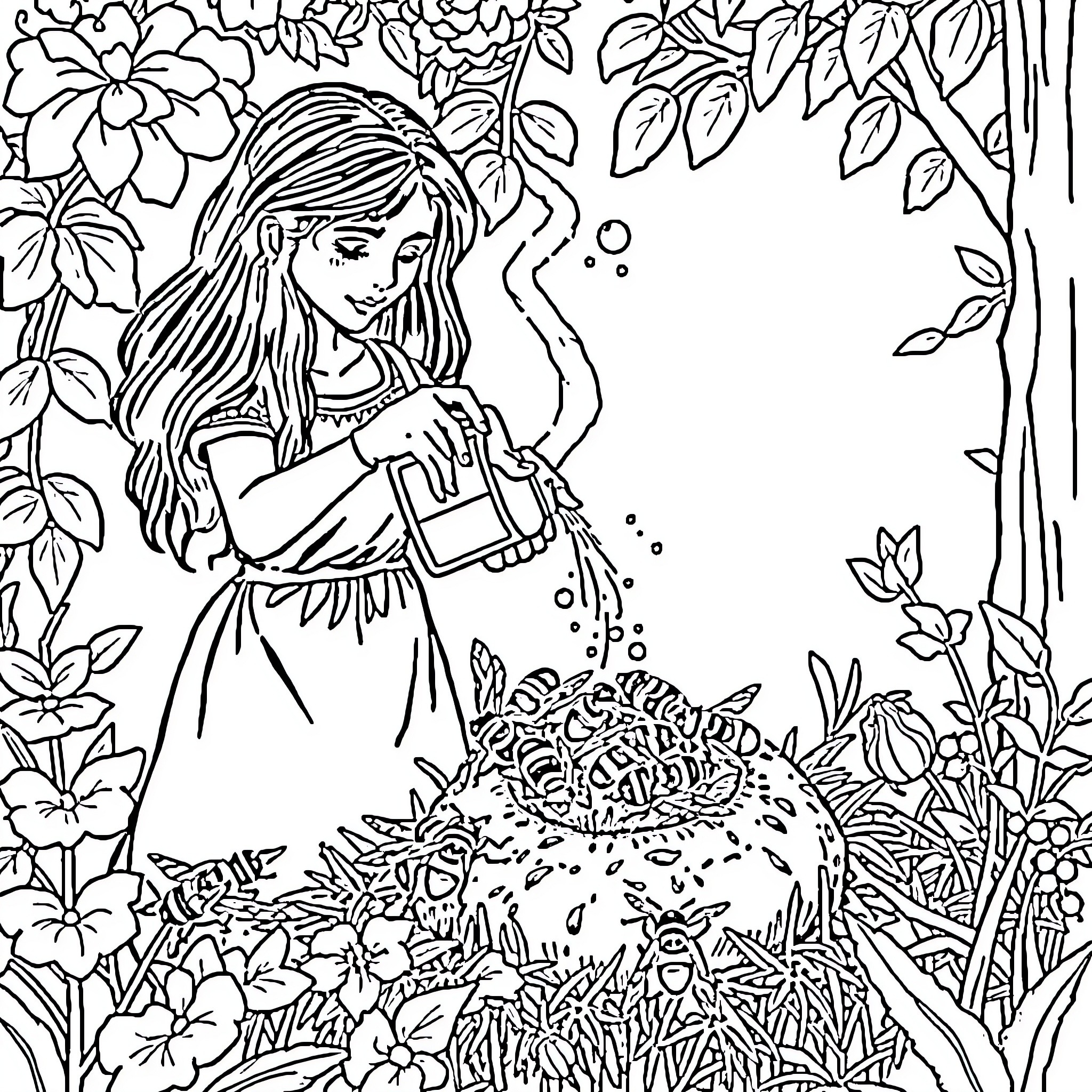 Woman watering flowers in a lush garden Coloring Page (free black-and-white line drawing printable PDF for all, from beginners to advanced learners, including children, teens, adults, and seniors)