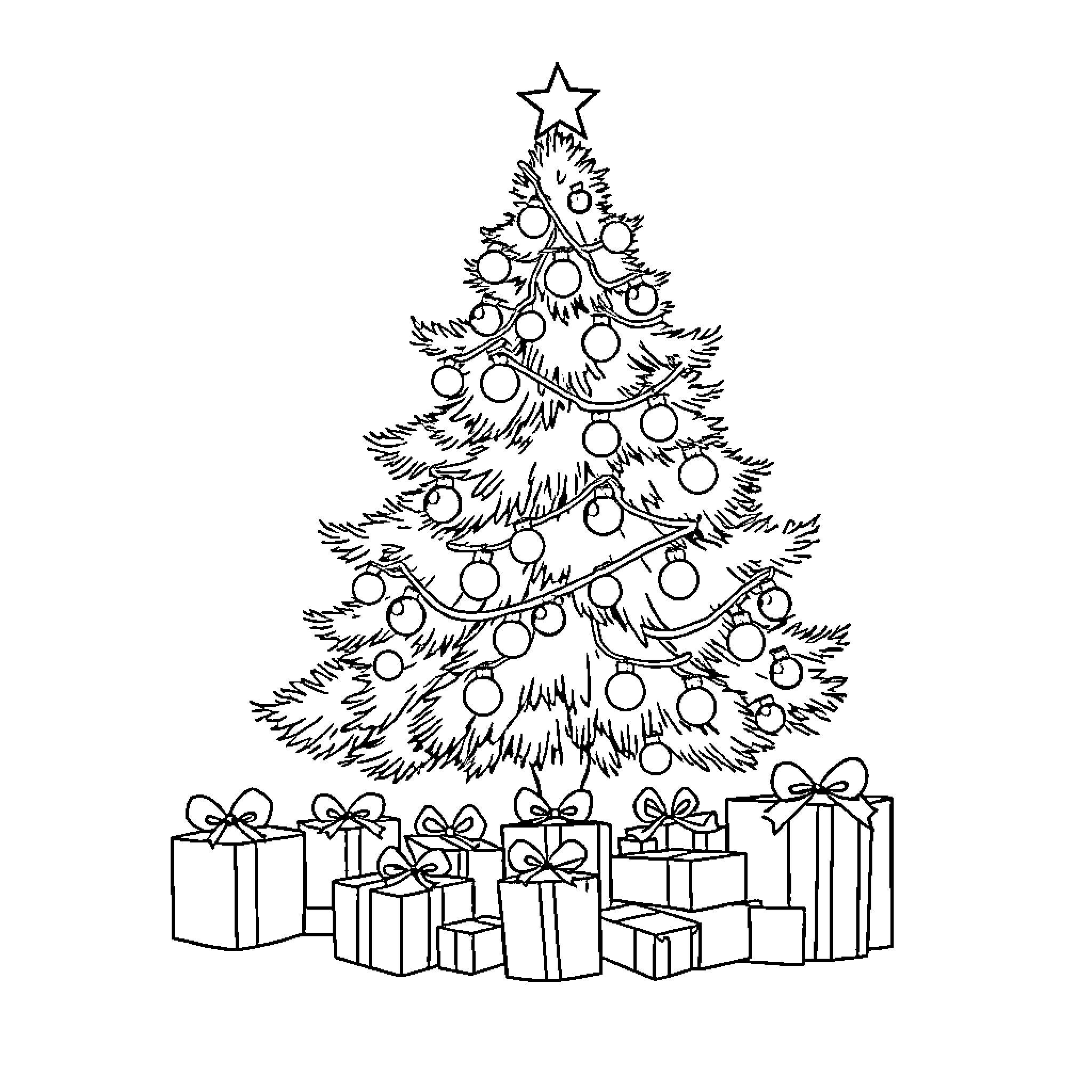 Christmas tree decorated with ornaments and presents Coloring Page (free black-and-white line drawing printable PDF for all, from beginners to advanced learners, including children, teens, adults, and seniors)