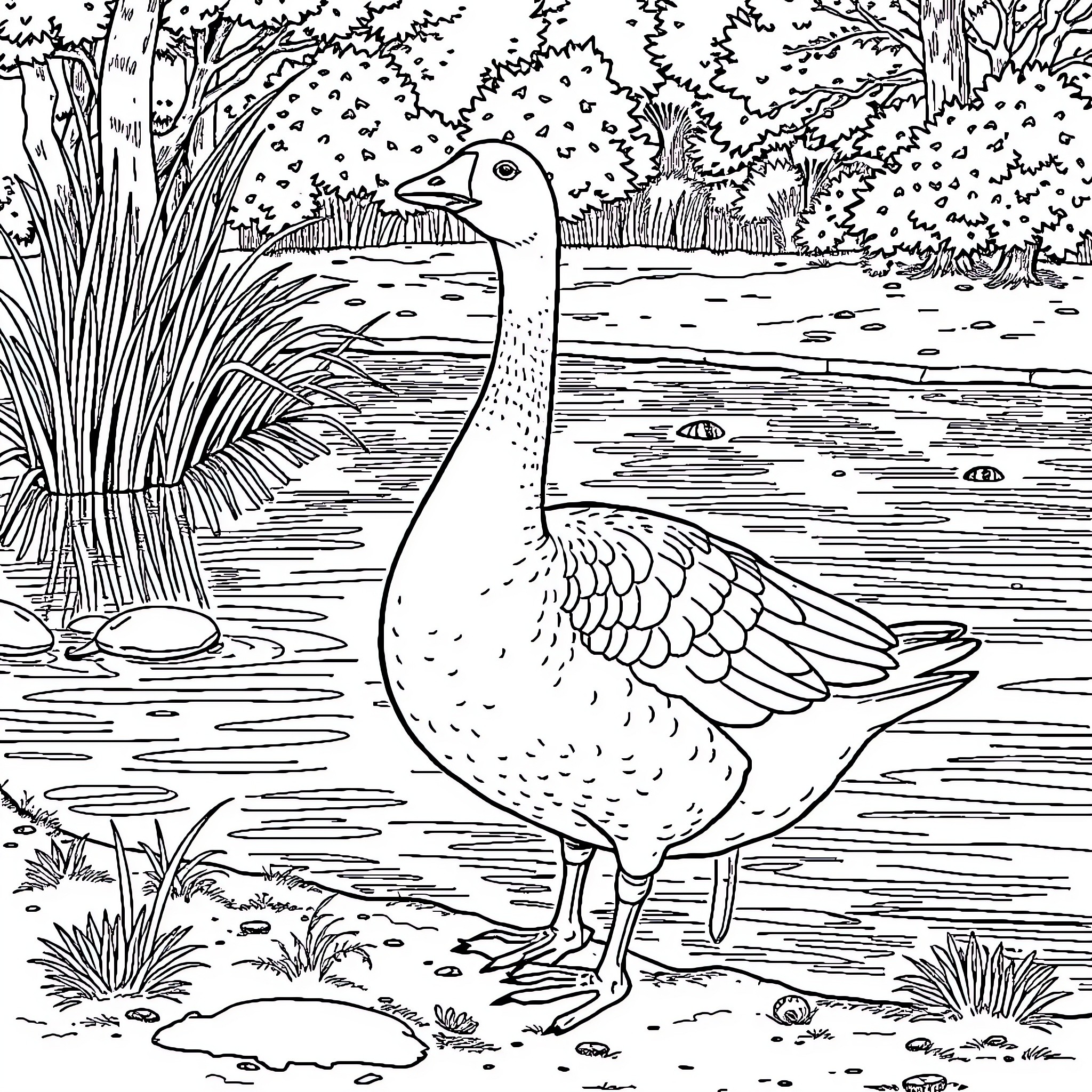 Goose swimming in the pond Coloring Page (free black-and-white line drawing printable PDF for all, from beginners to advanced learners, including children, teens, adults, and seniors)
