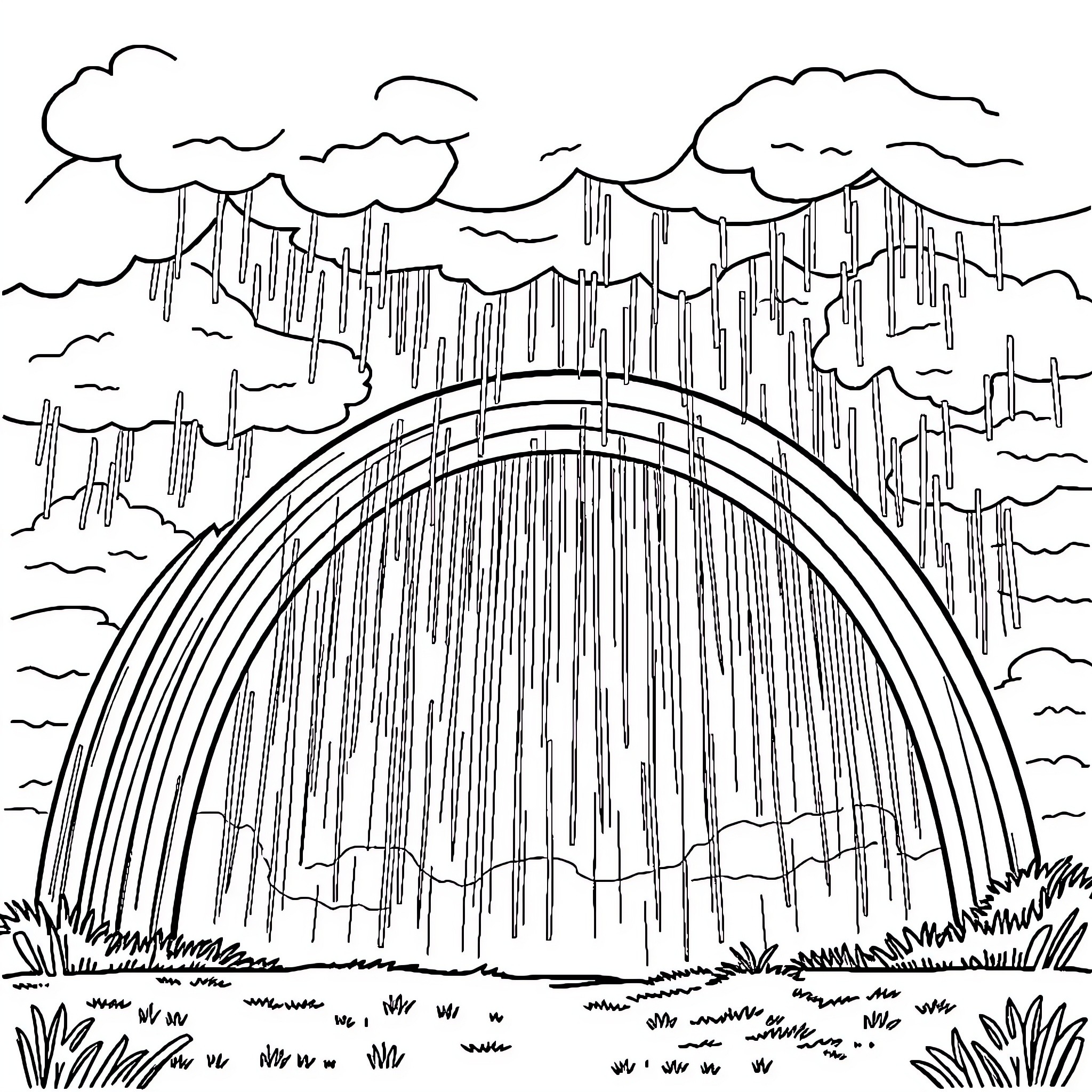 Rainbow Arch in the Rainy Landscape Coloring Page (free black-and-white line drawing printable PDF for all, from beginners to advanced learners, including children, teens, adults, and seniors)