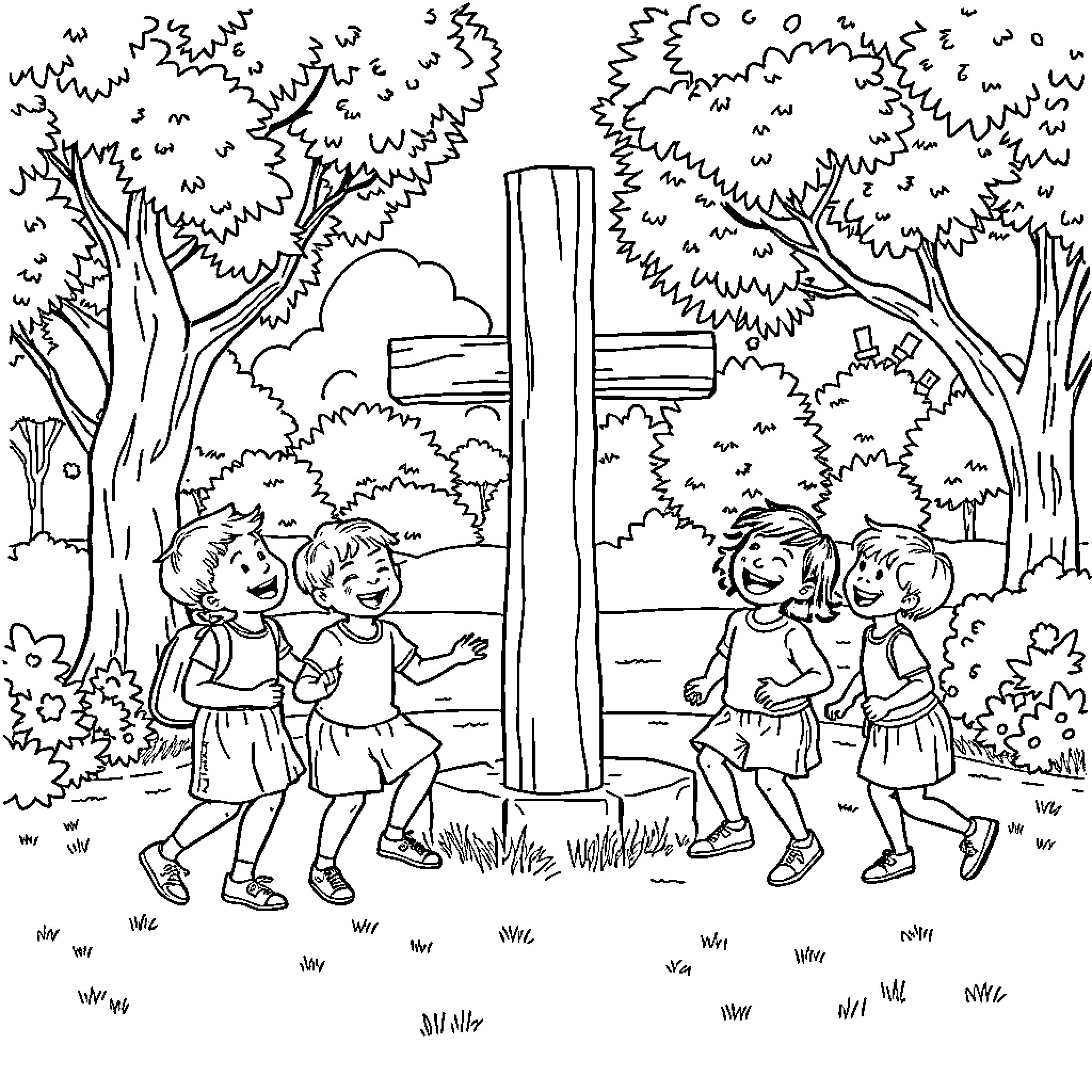 Children playing and exploring in the forest Coloring Page (free black-and-white line drawing printable PDF for all, from beginners to advanced learners, including children, teens, adults, and seniors)