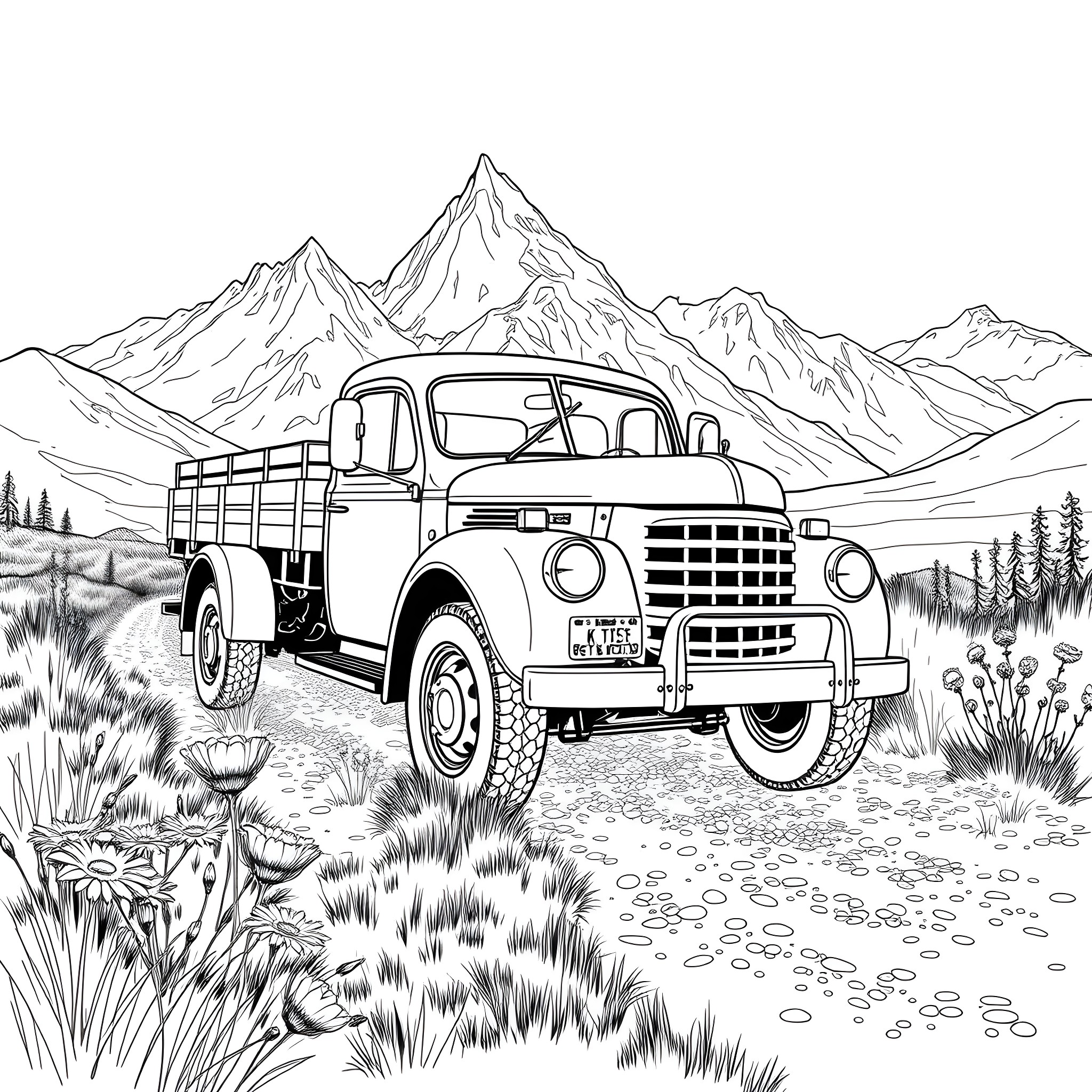 Truck travelling through scenic mountain landscape Coloring Page (free black-and-white line drawing printable PDF for all, from beginners to advanced learners, including children, teens, adults, and seniors)