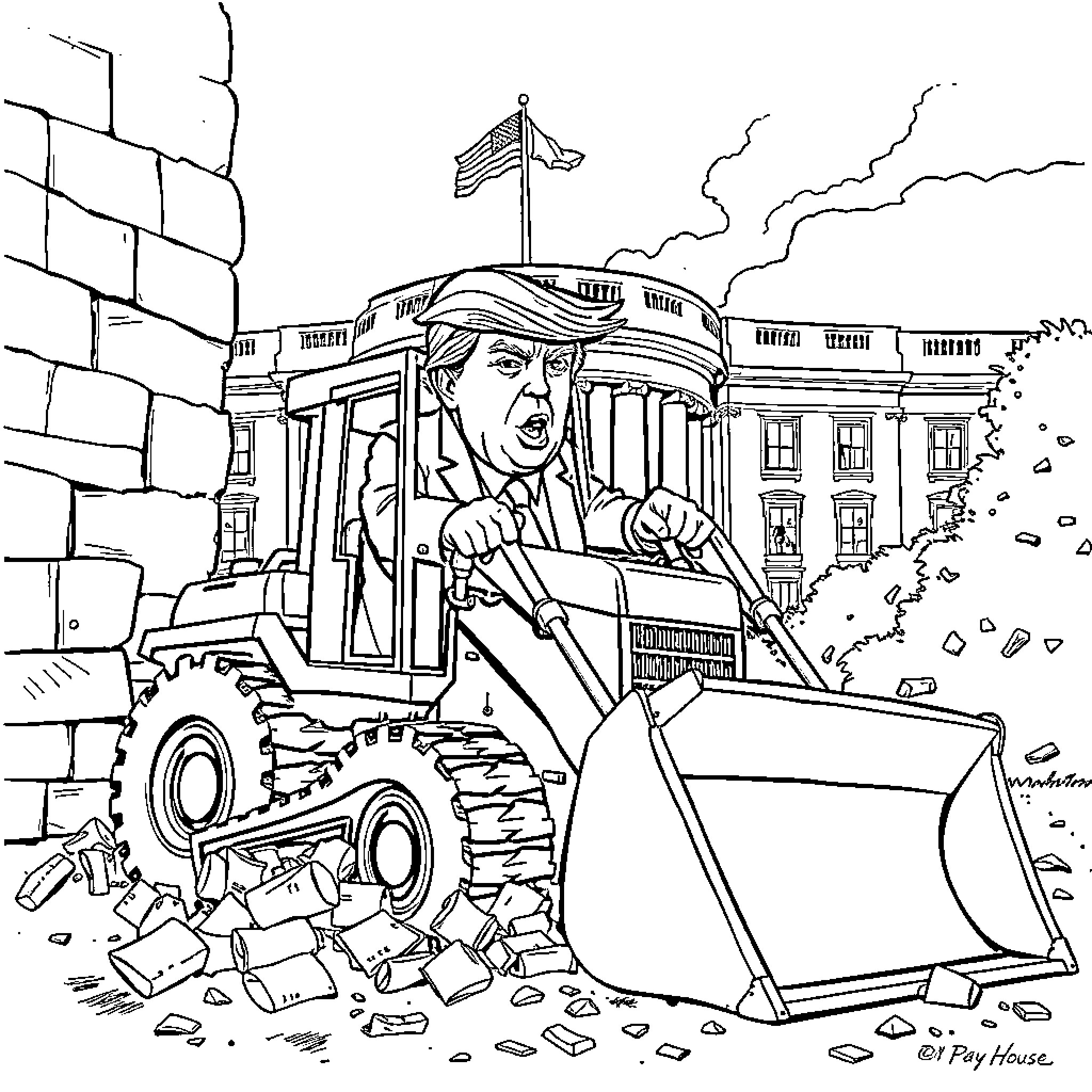 Donald Trump demolishing the White House with a bulldozer Coloring Page (free black-and-white line drawing printable PDF for all, from beginners to advanced learners, including children, teens, adults, and seniors)