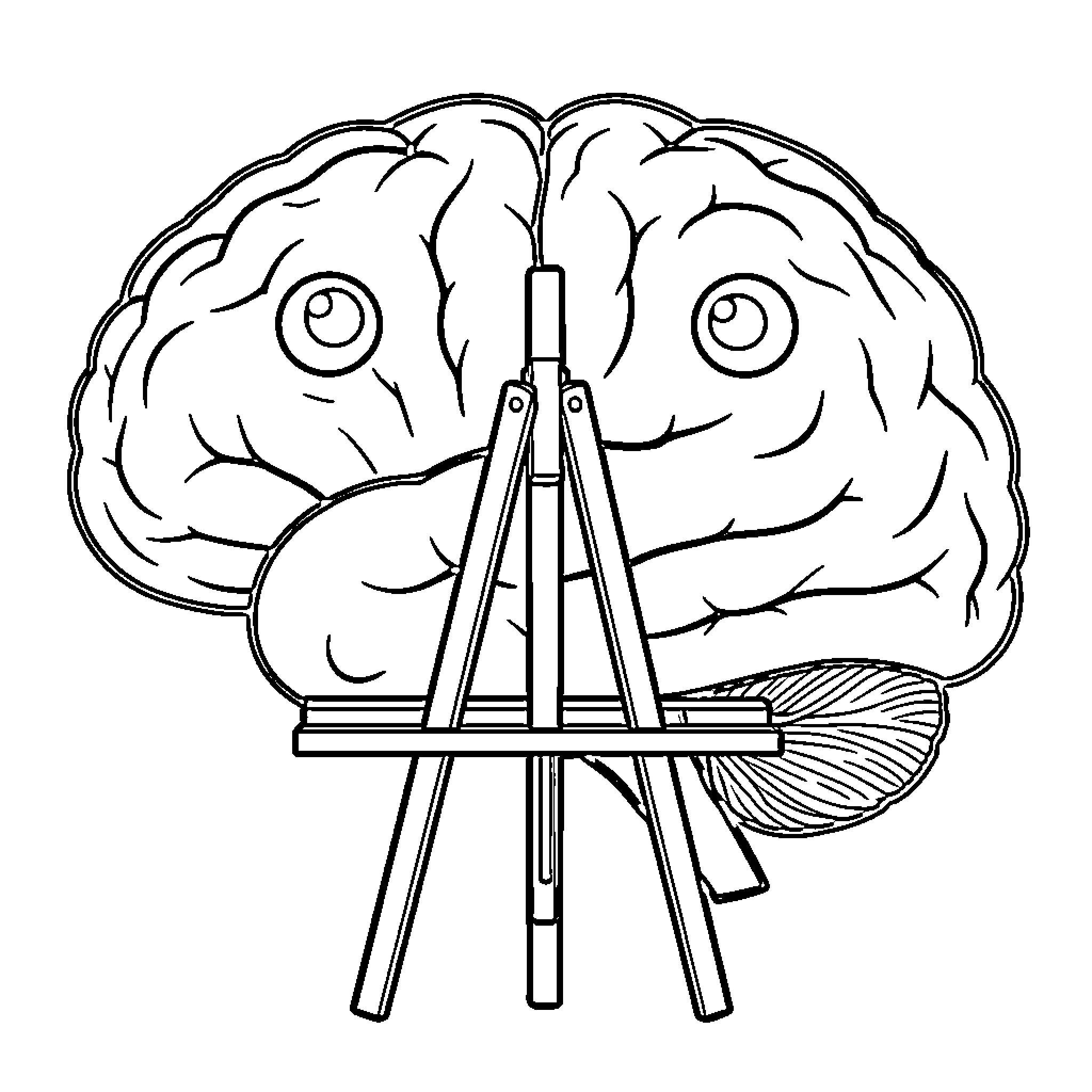 Brain looking through an easel at a canvas Coloring Page (free black-and-white line drawing printable PDF for all, from beginners to advanced learners, including children, teens, adults, and seniors)