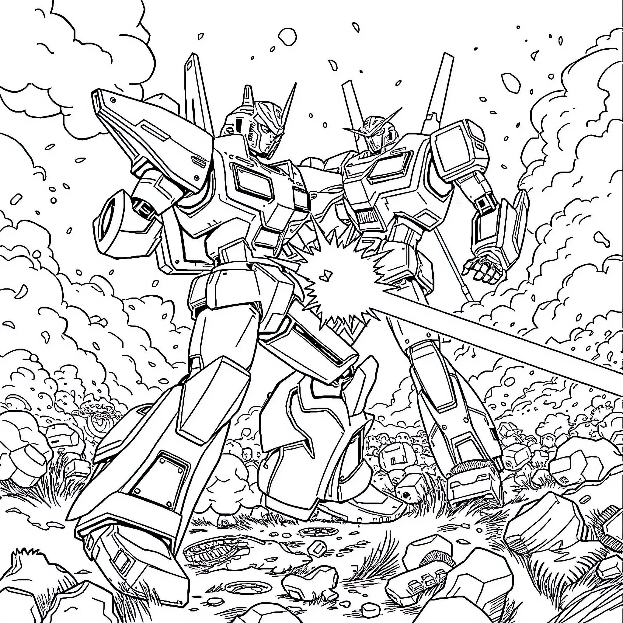 Steven's epic mech battle in a futuristic landscape Coloring Page (free black-and-white line drawing printable PDF for all, from beginners to advanced learners, including children, teens, adults, and seniors)