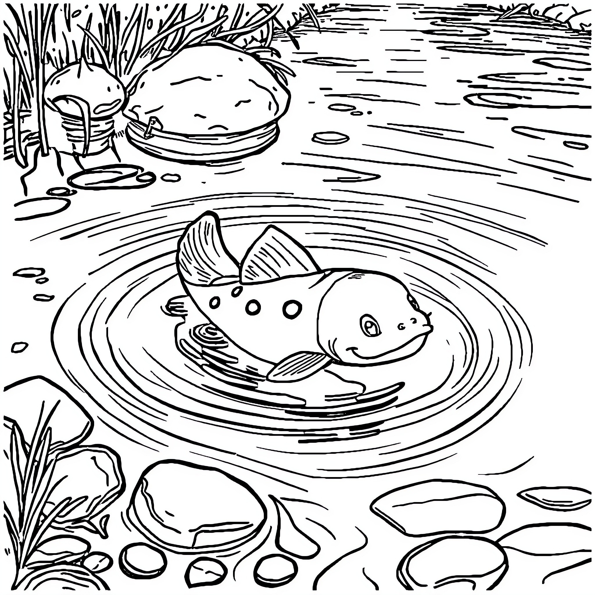 Baby Moses in a floating basket surrounded by fish Coloring Page (free black-and-white line drawing printable PDF for all, from beginners to advanced learners, including children, teens, adults, and seniors)