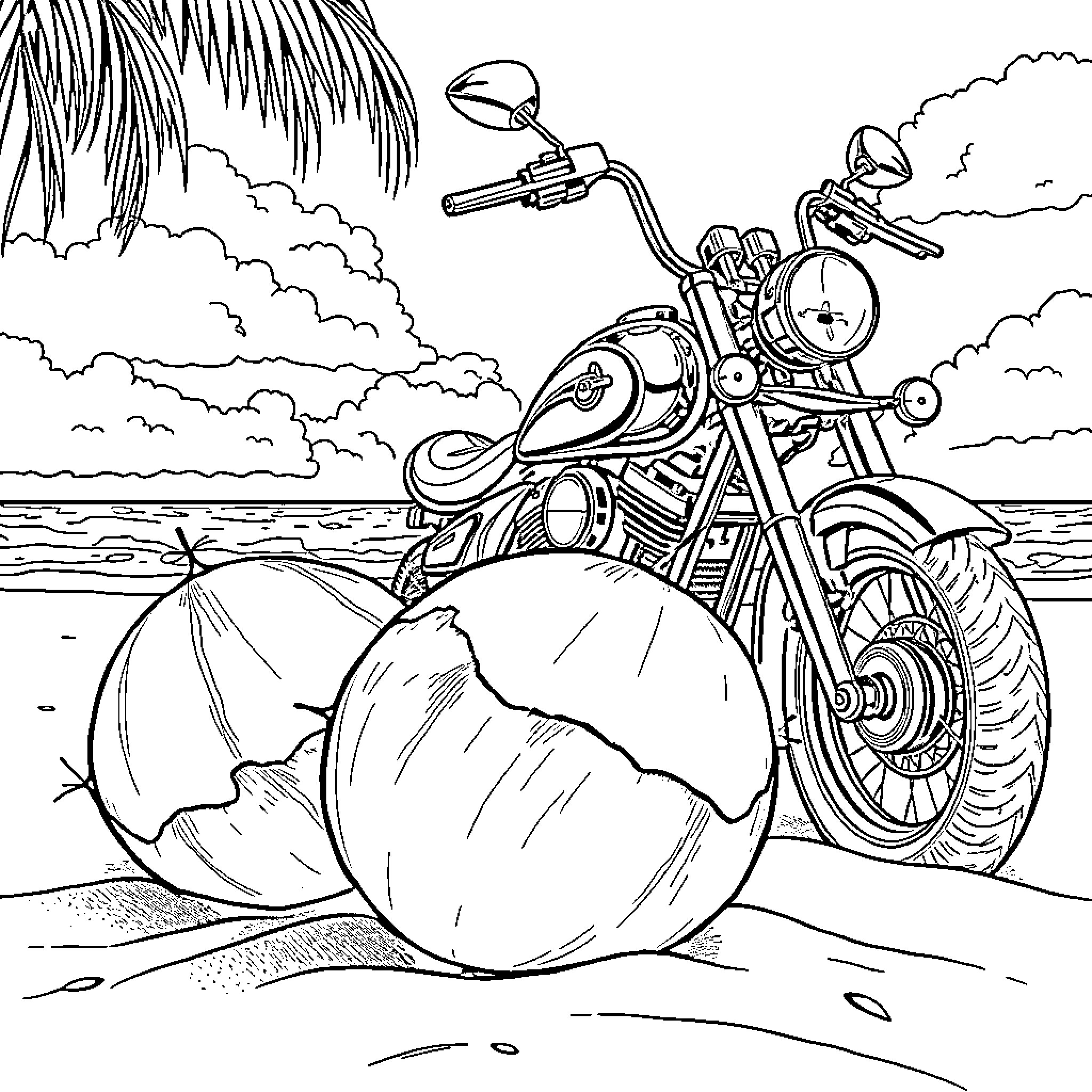 Coconut motorcycle on tropical beach Coloring Page (free black-and-white line drawing printable PDF for all, from beginners to advanced learners, including children, teens, adults, and seniors)