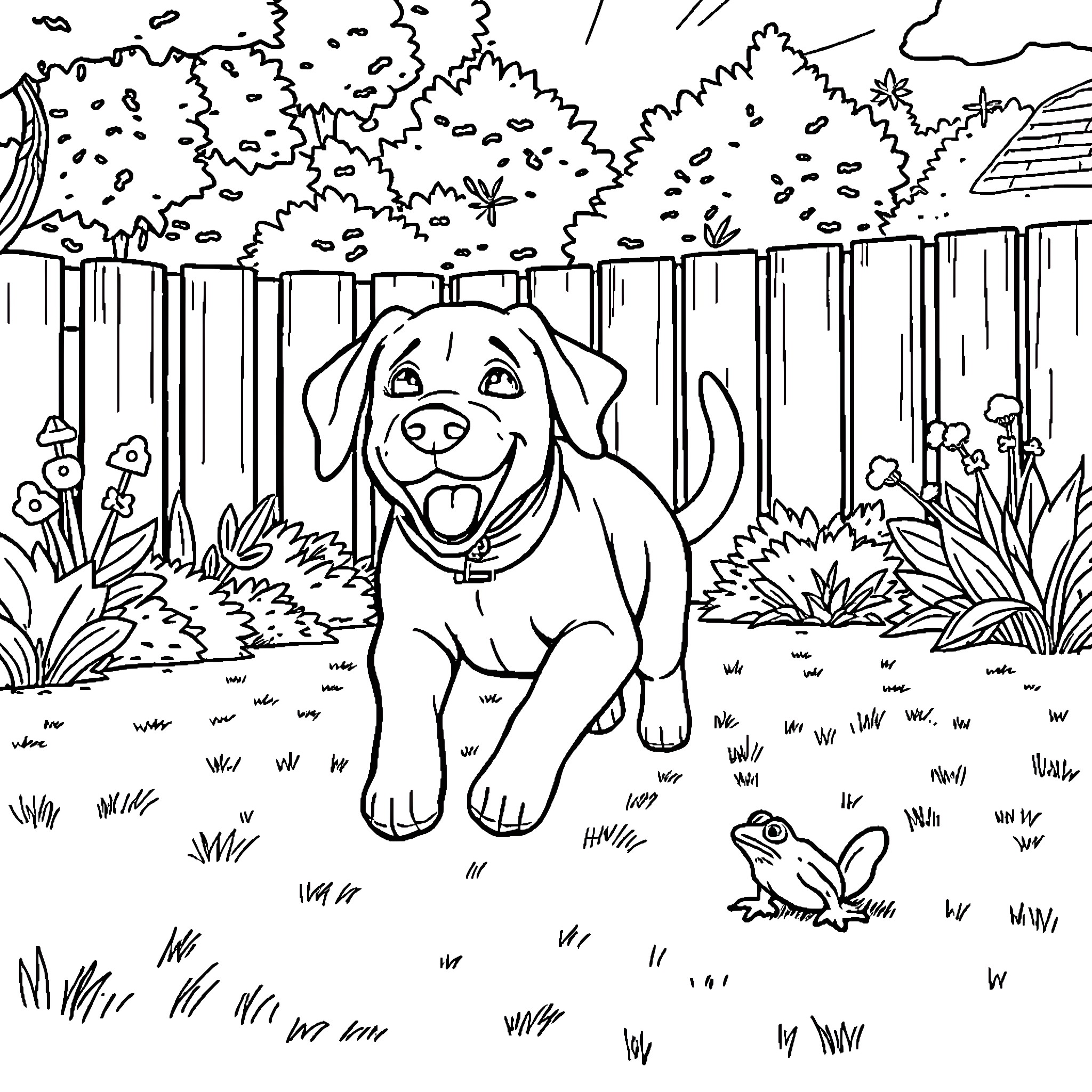 Lab Dog Relaxing in the Backyard Coloring Page (free black-and-white line drawing printable PDF for all, from beginners to advanced learners, including children, teens, adults, and seniors)