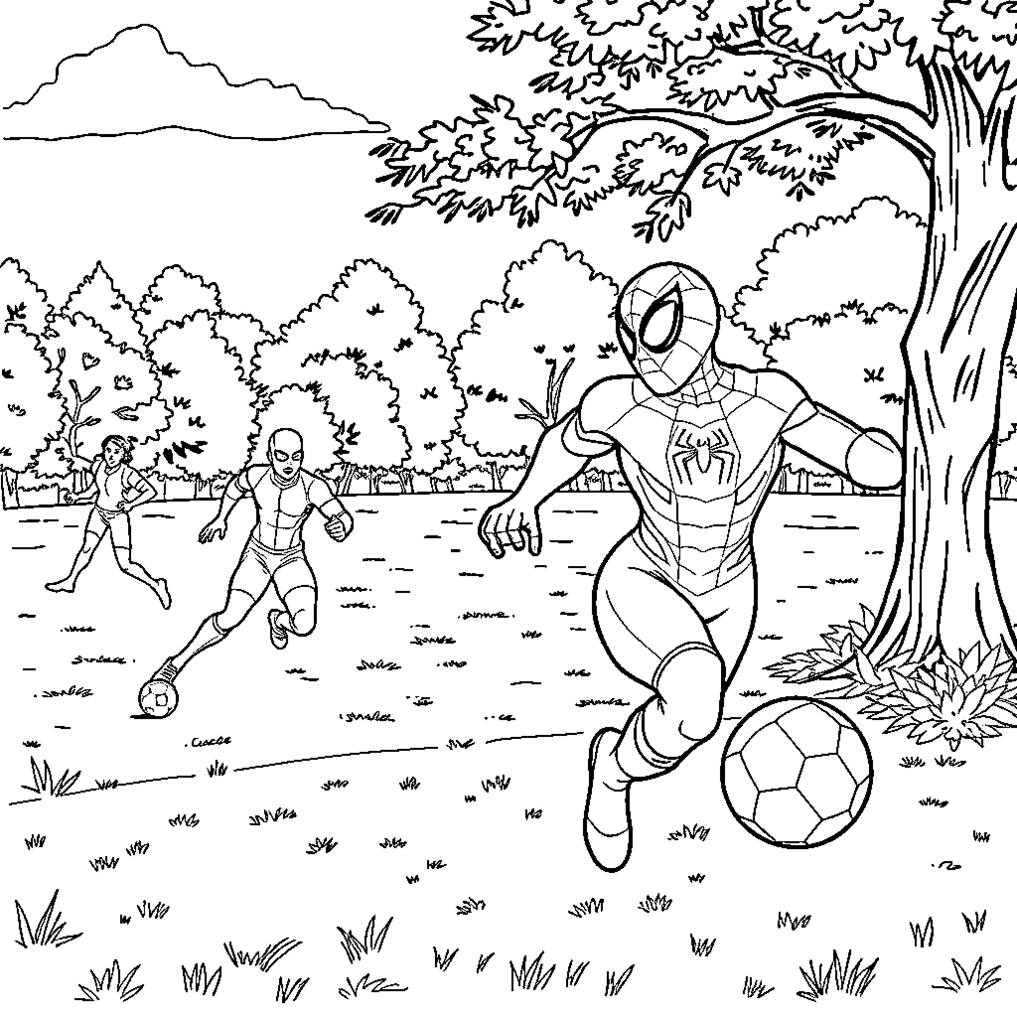 Spidey's Outdoor Adventure: Soccer and Exploration Coloring Page (free black-and-white line drawing printable PDF for all, from beginners to advanced learners, including children, teens, adults, and seniors)